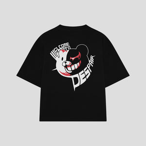 Playera streetwear premium de anime y gaming ExtraLife MX, corte boxy oversized drop shoulder heavyweight en color Deep Black y Off-White, moda urbana mexicana de culto.