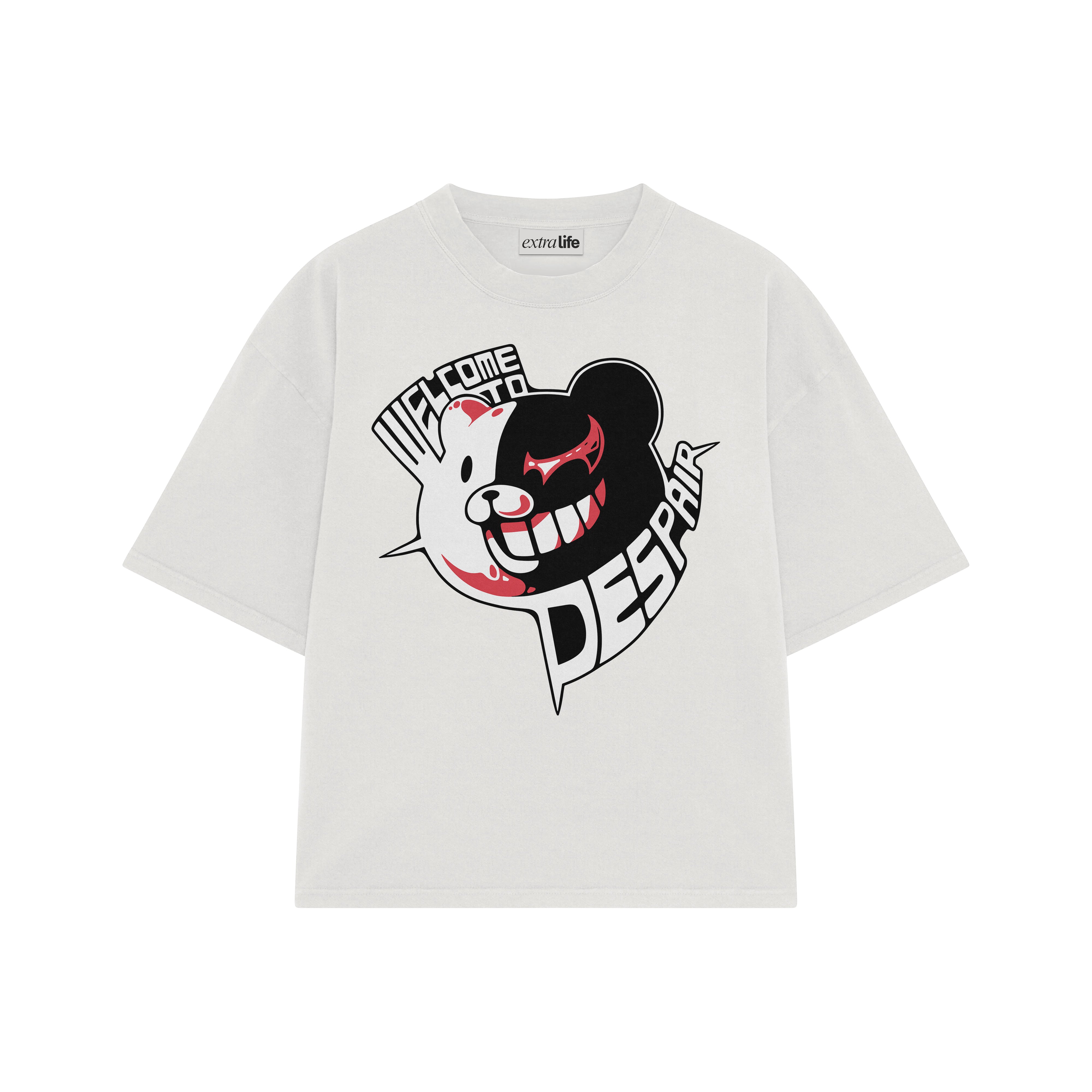 Playera streetwear premium de anime y gaming ExtraLife MX, corte boxy oversized drop shoulder heavyweight en color Deep Black y Off-White, moda urbana mexicana de culto.
