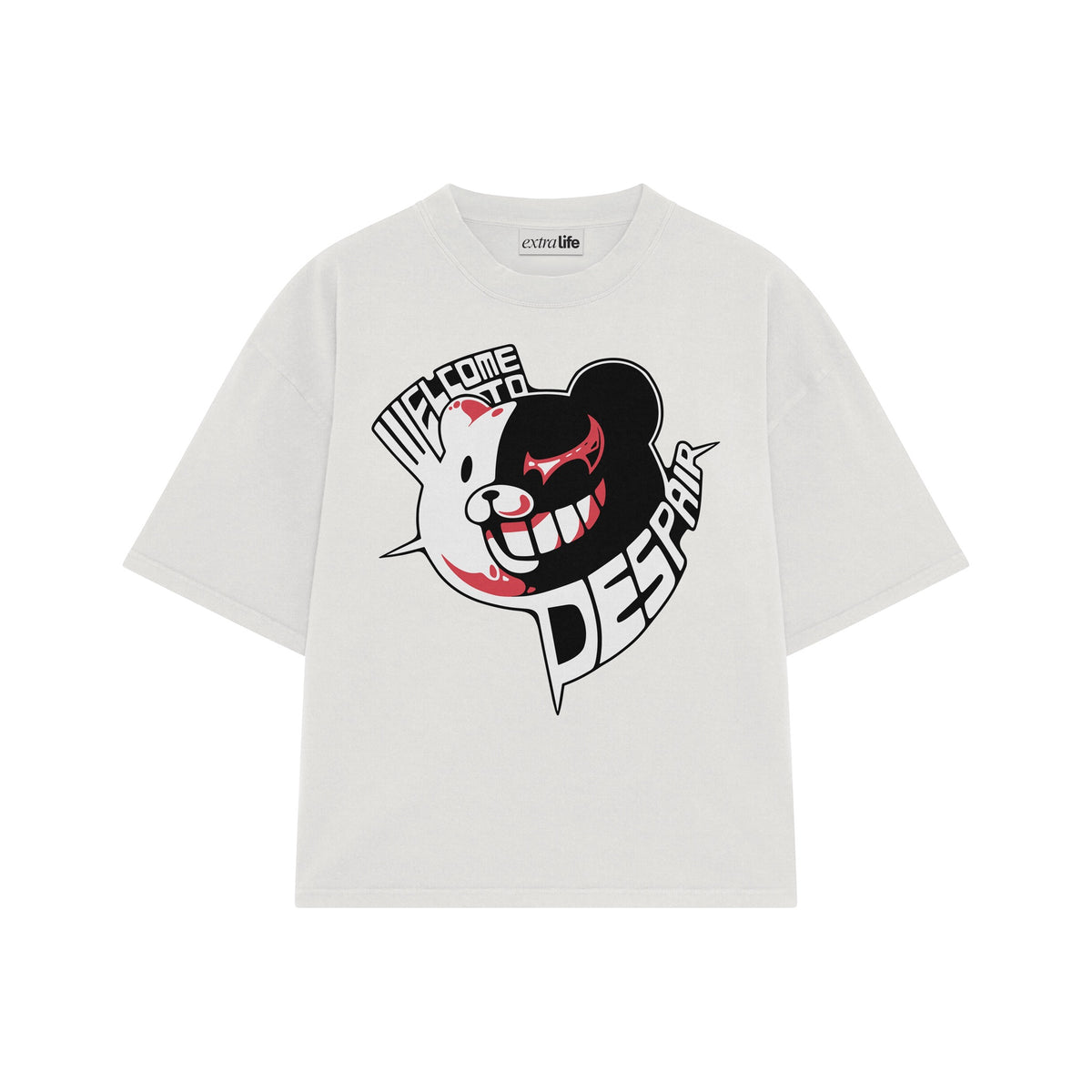 Playera streetwear premium de anime y gaming ExtraLife MX, corte oversized drop shoulder ligero y fresco en color Deep Black y Off-White, moda urbana mexicana de culto.
