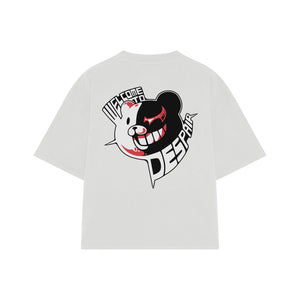 Playera streetwear premium de anime y gaming ExtraLife MX, corte boxy oversized drop shoulder heavyweight en color Deep Black y Off-White, moda urbana mexicana de culto.