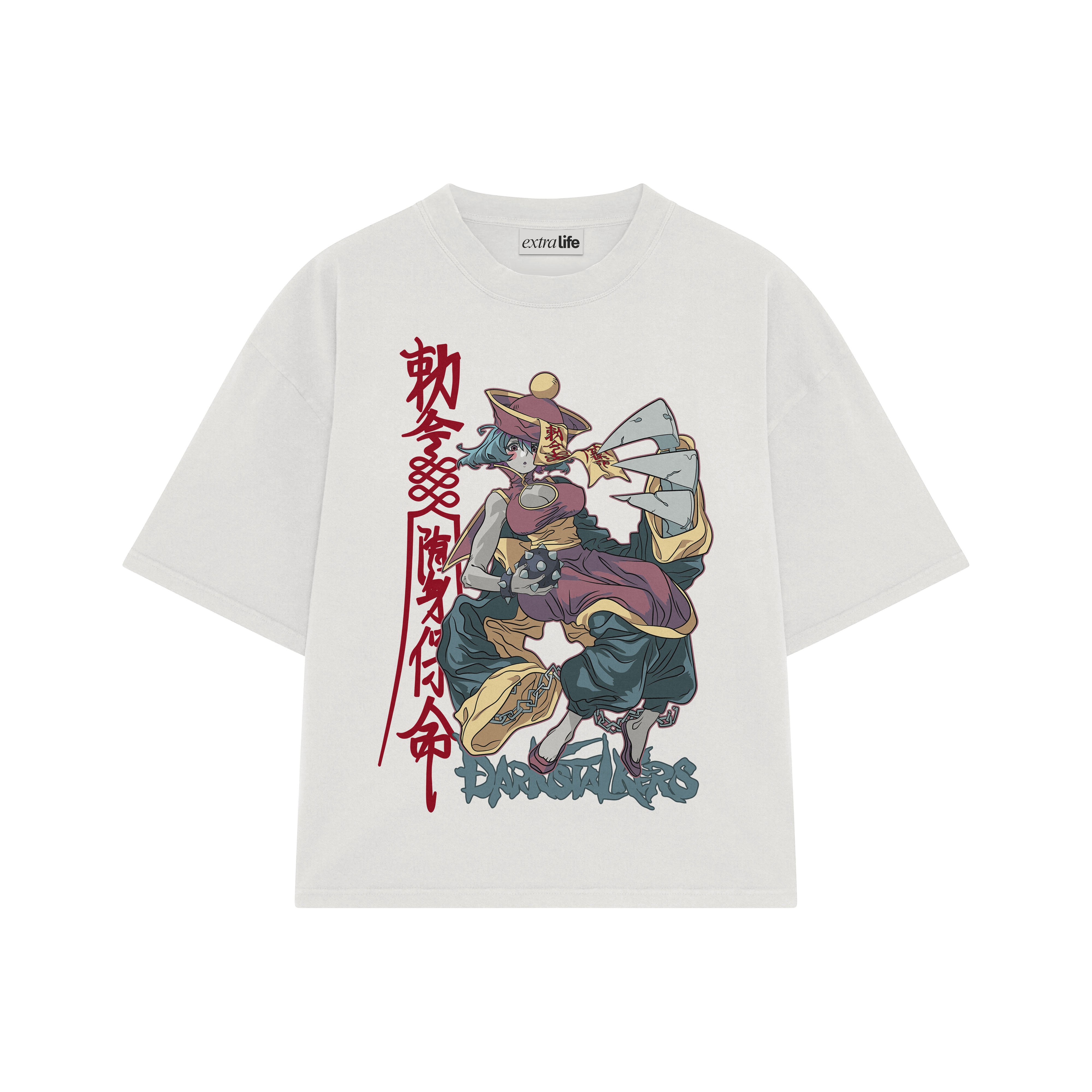 Playera streetwear premium de anime y gaming ExtraLife MX, corte boxy oversized drop shoulder heavyweight en color Deep Black y Off-White, moda urbana mexicana de culto.