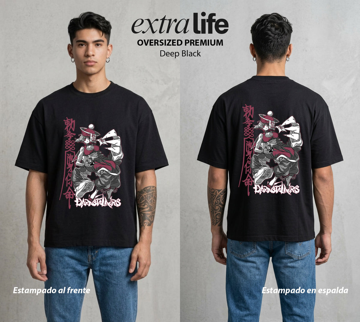 La Noche de los Acechadores | Darkstalkers Hsien Ko #00620 - Playera Oversized Premium | Deep Black - Foto en modelo