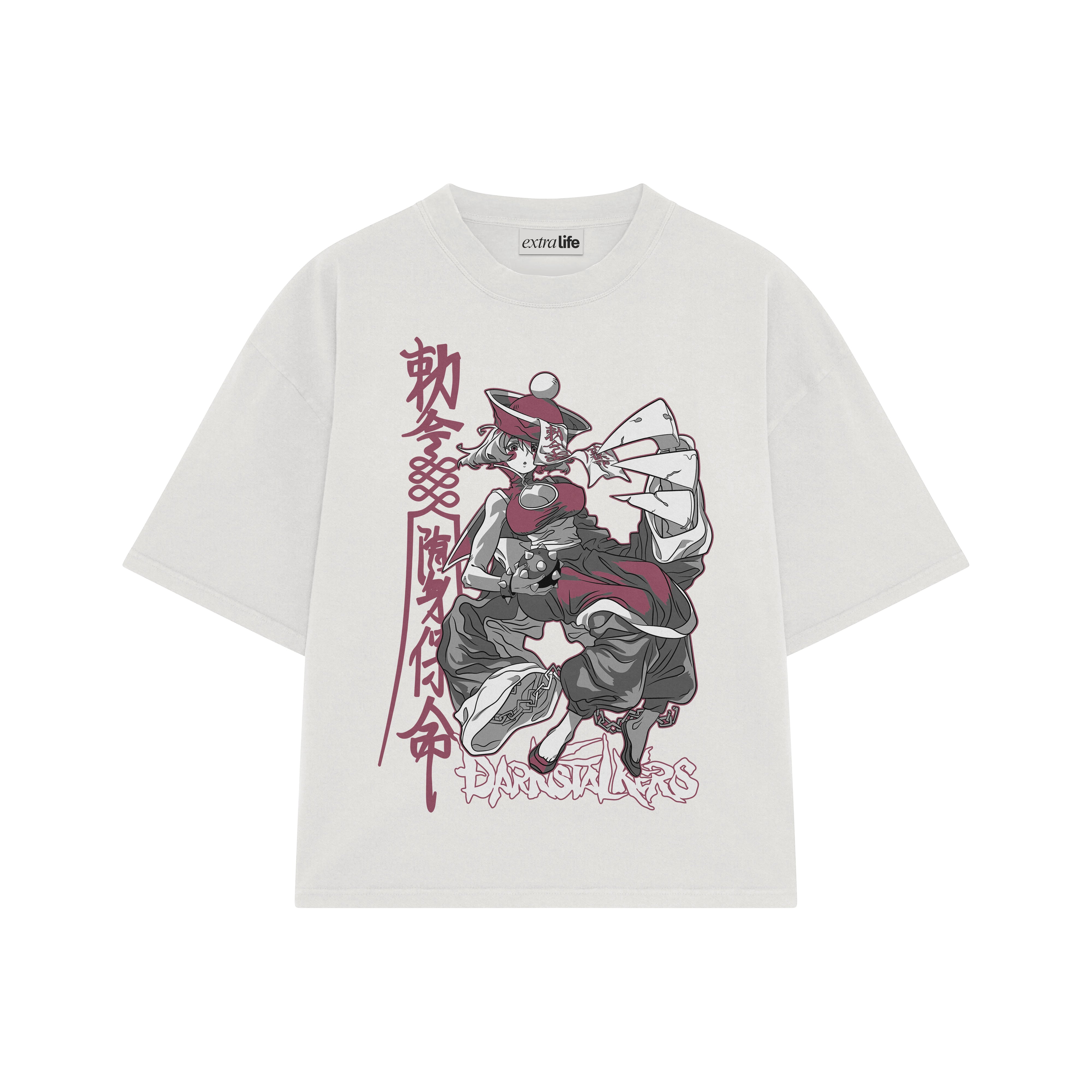 Playera streetwear premium de anime y gaming ExtraLife MX, corte boxy oversized drop shoulder heavyweight en color Deep Black y Off-White, moda urbana mexicana de culto.