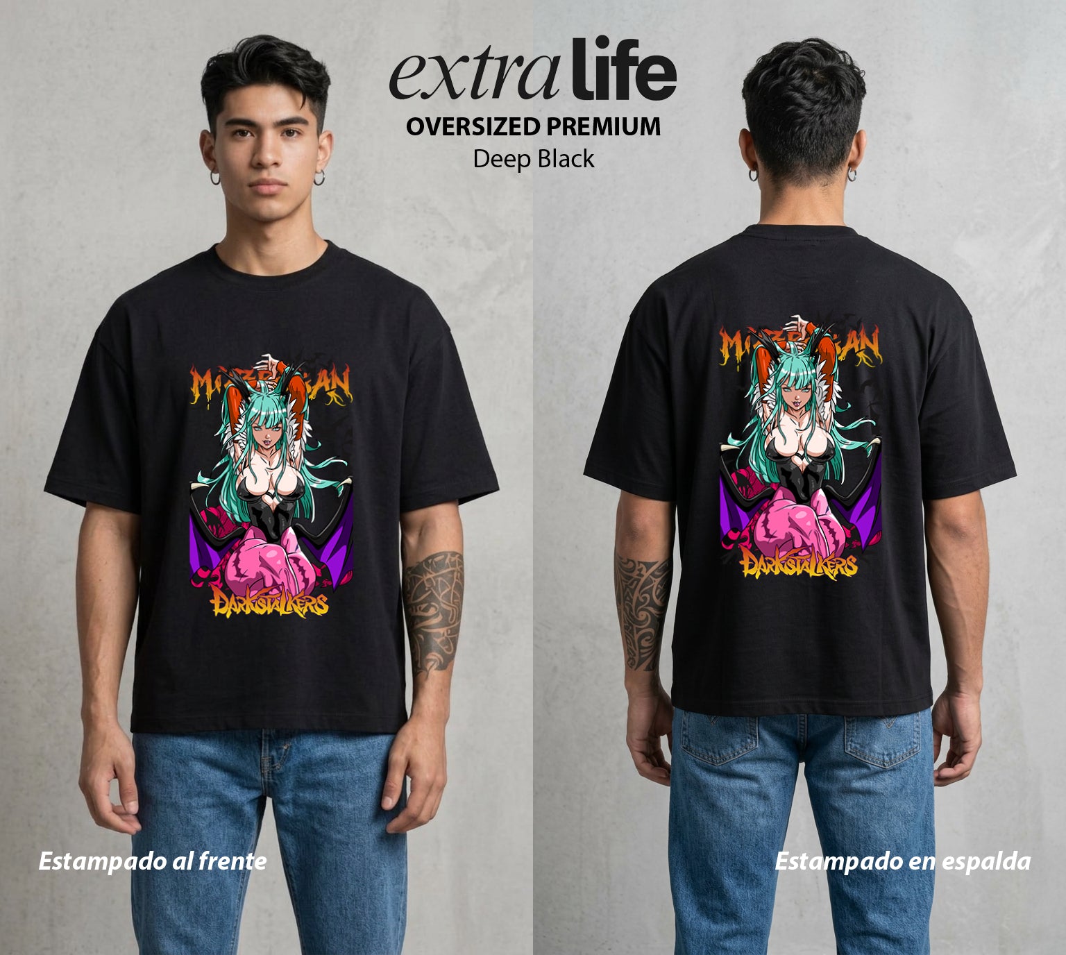 La Noche de los Acechadores | Darkstalkers Morringan Aensland #00624 - Playera Oversized Premium | Deep Black - Foto en modelo