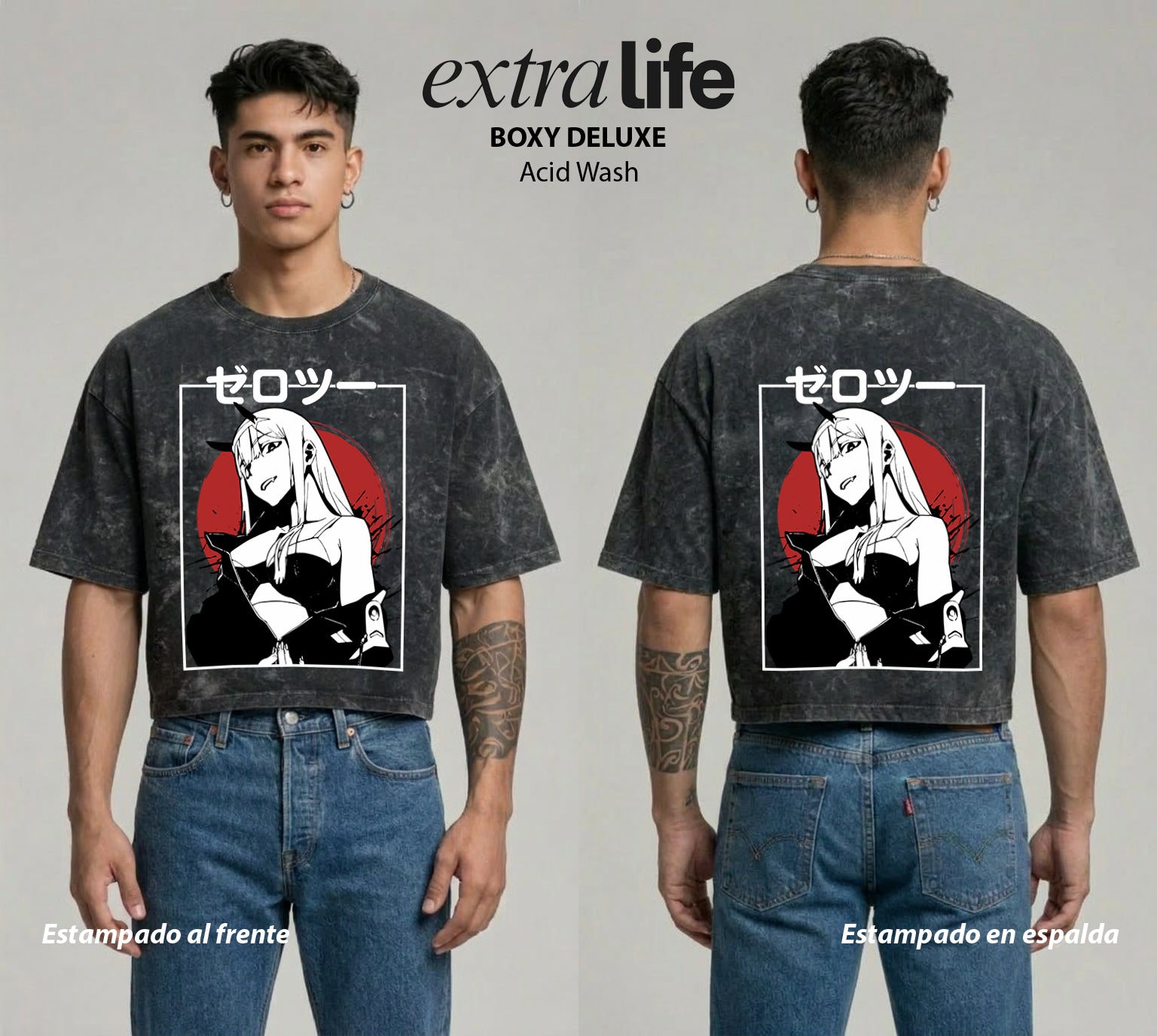 Playera streetwear premium de anime y gaming ExtraLife MX, corte boxy deluxe mineral wash heavyweight en color Acid Wash, moda urbana mexicana de culto.