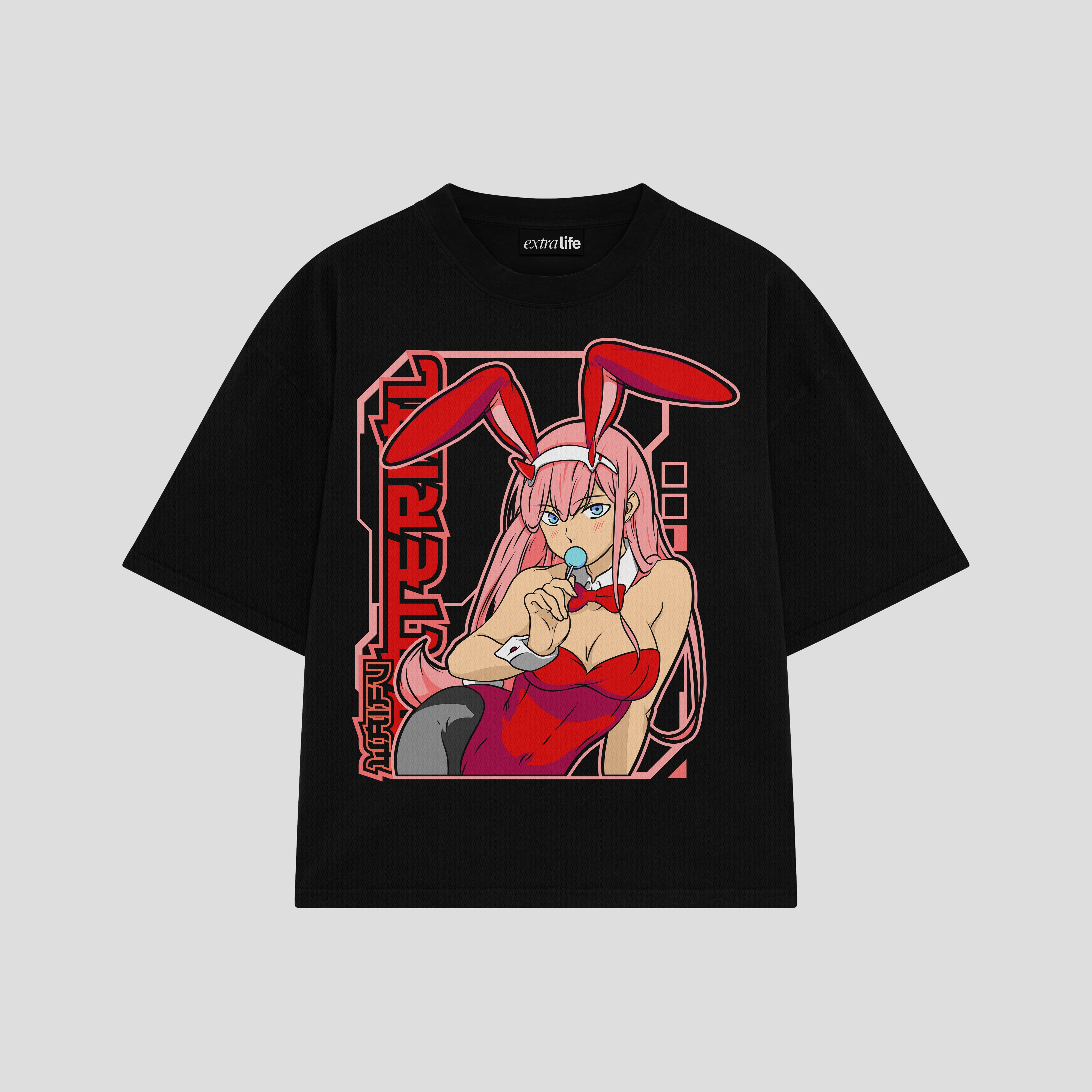 Playera streetwear premium de anime y gaming ExtraLife MX, corte boxy oversized drop shoulder heavyweight en color Deep Black y Off-White, moda urbana mexicana de culto.