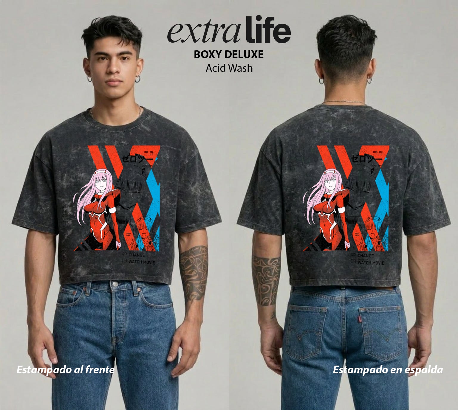 Playera streetwear premium de anime y gaming ExtraLife MX, corte boxy deluxe mineral wash heavyweight en color Acid Wash, moda urbana mexicana de culto.