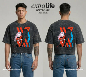 Playera streetwear premium de anime y gaming ExtraLife MX, corte boxy deluxe mineral wash heavyweight en color Acid Wash, moda urbana mexicana de culto.