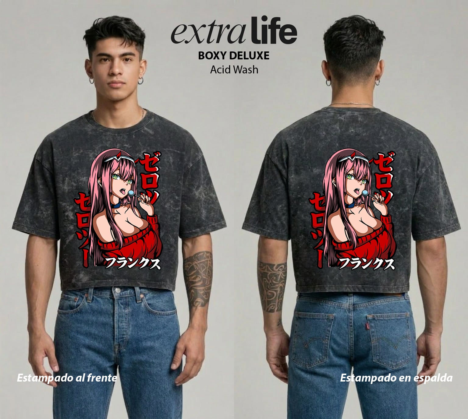 Playera streetwear premium de anime y gaming ExtraLife MX, corte boxy deluxe mineral wash heavyweight en color Acid Wash, moda urbana mexicana de culto.