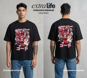 Los Pilotos del Meca | La Sangre Rosa del Poder #00631 - Playera Oversized Premium | Deep Black - Foto en modelo