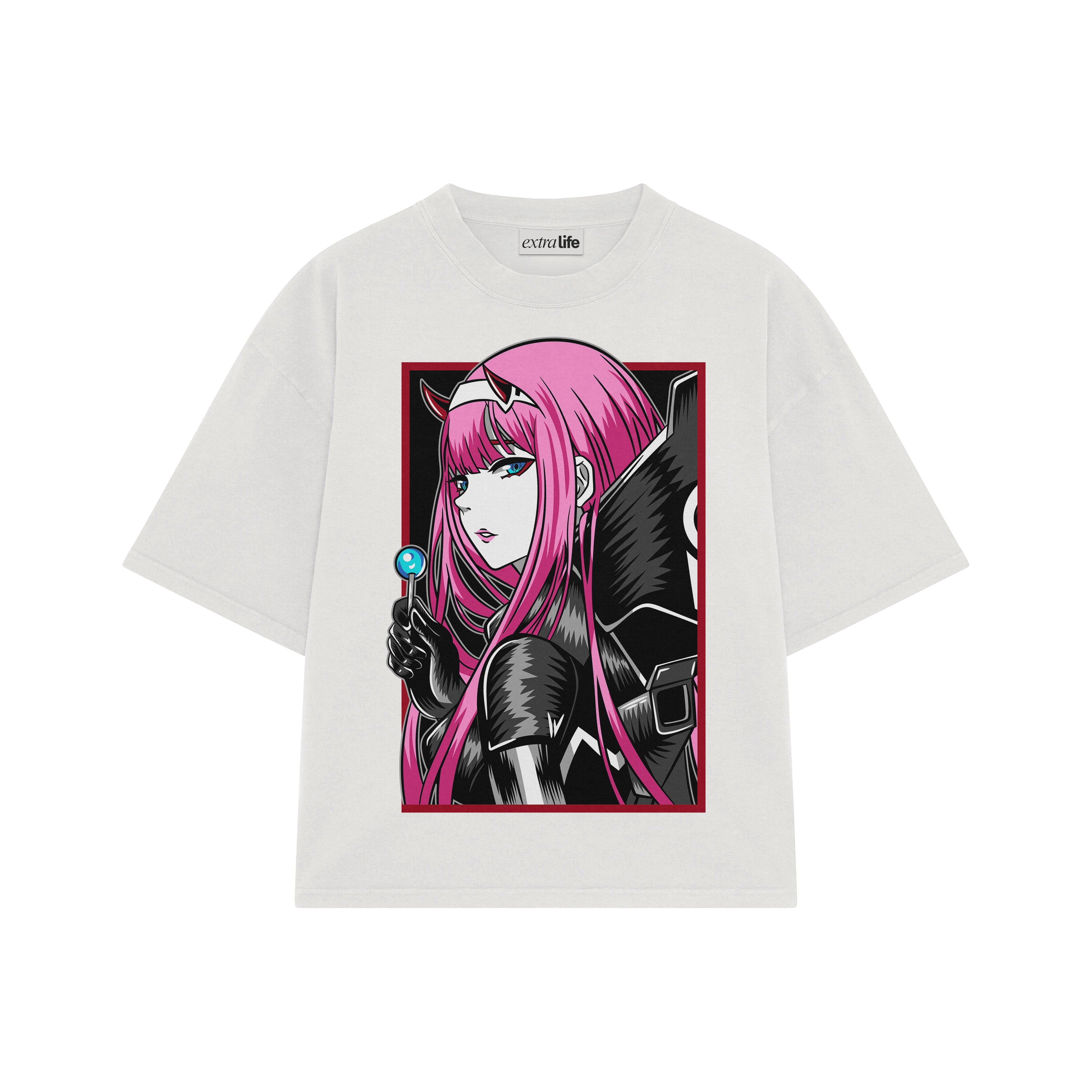 Playera streetwear premium de anime y gaming ExtraLife MX, corte boxy oversized drop shoulder heavyweight en color Deep Black y Off-White, moda urbana mexicana de culto.