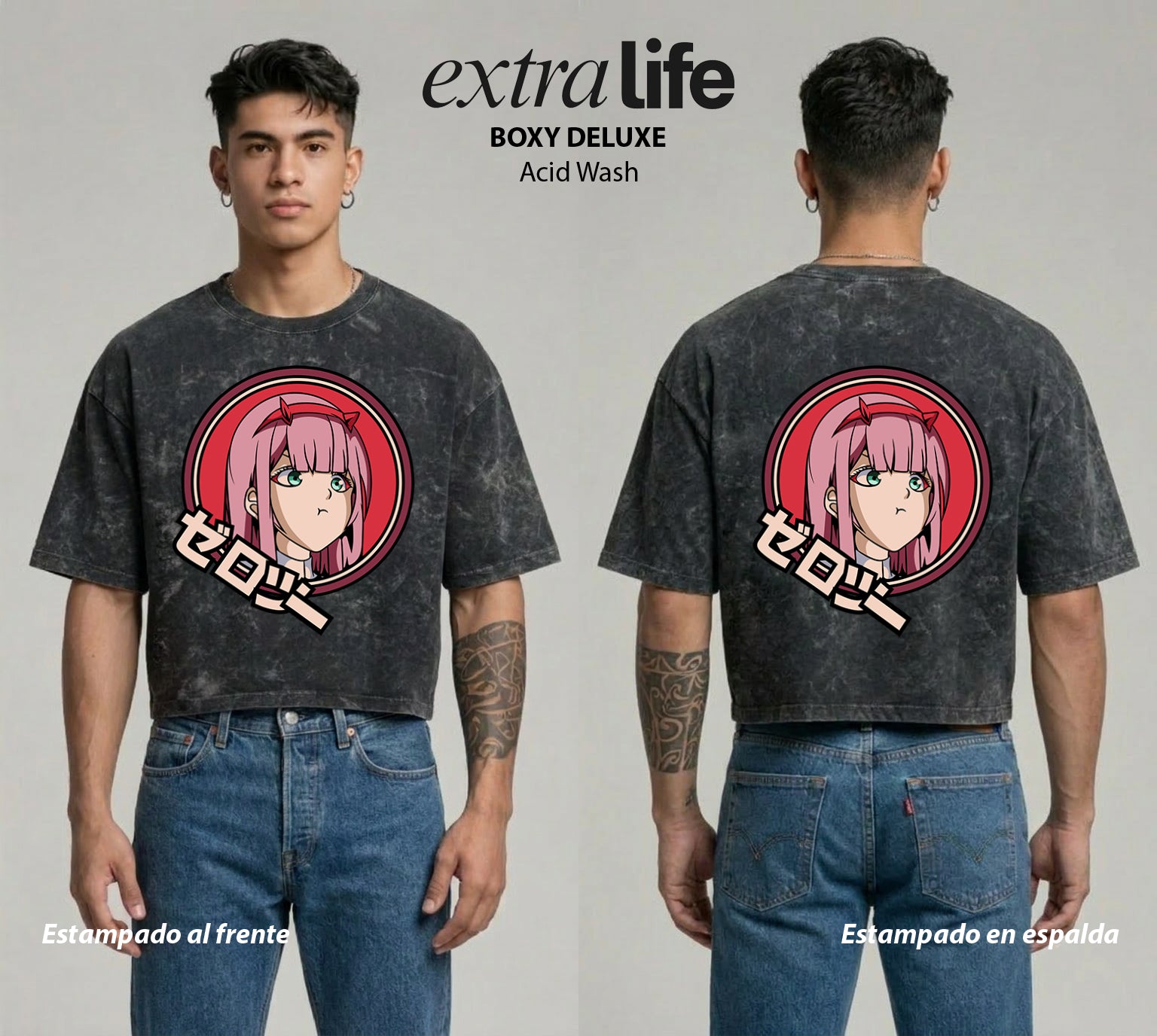 Playera streetwear premium de anime y gaming ExtraLife MX, corte boxy deluxe mineral wash heavyweight en color Acid Wash, moda urbana mexicana de culto.