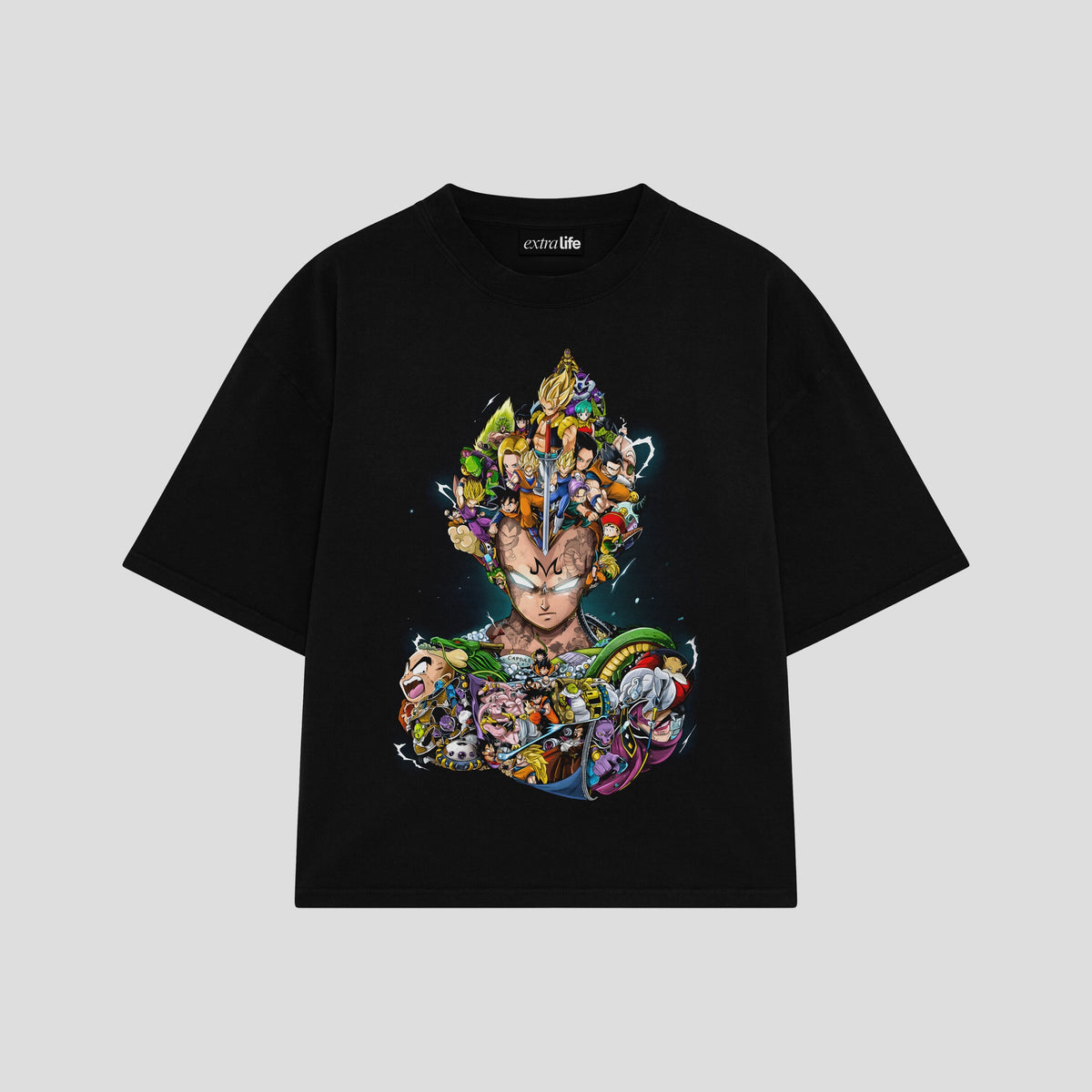 Playera streetwear premium de anime y gaming ExtraLife MX, corte oversized drop shoulder ligero y fresco en color Deep Black y Off-White, moda urbana mexicana de culto.