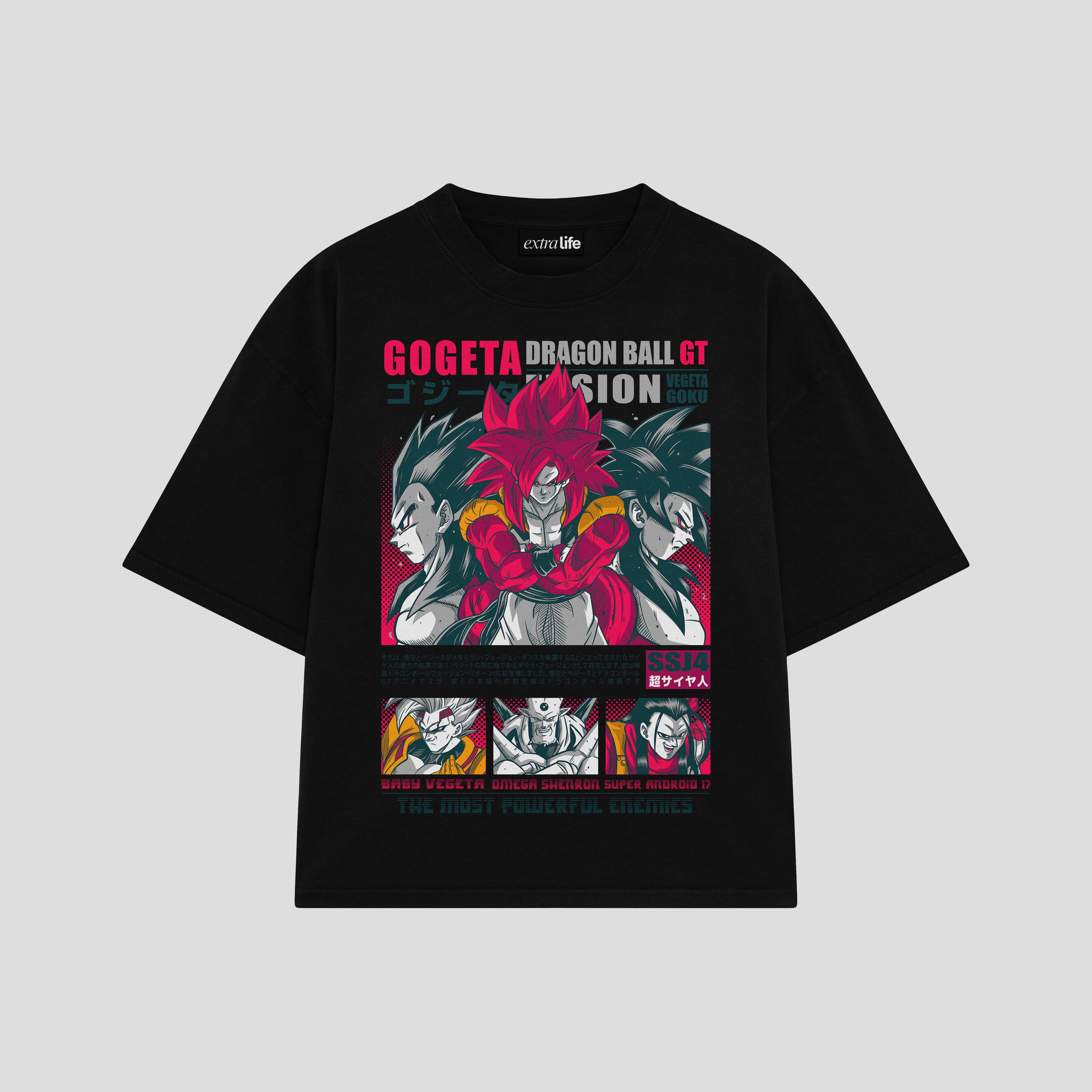 Playera streetwear premium de anime y gaming ExtraLife MX, corte boxy oversized drop shoulder heavyweight en color Deep Black y Off-White, moda urbana mexicana de culto.