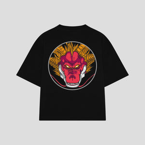 Playera streetwear premium de anime y gaming ExtraLife MX, corte boxy oversized drop shoulder heavyweight en color Deep Black y Off-White, moda urbana mexicana de culto.