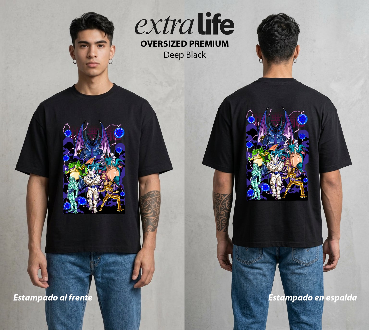 El Poder de las Esferas | Los Dragones Negativos #00647 - Playera Oversized Premium | Deep Black - Foto en modelo