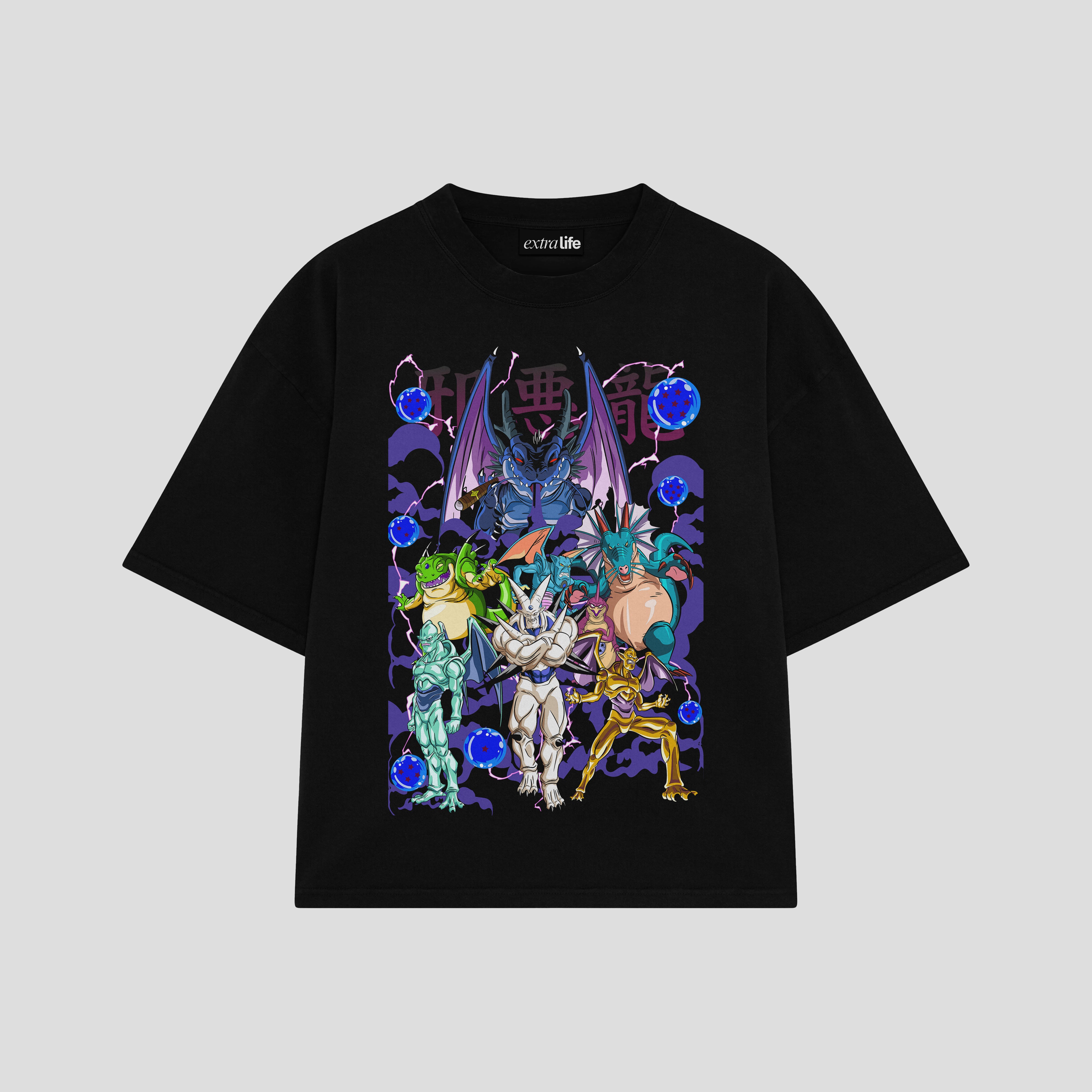 Playera streetwear premium de anime y gaming ExtraLife MX, corte boxy oversized drop shoulder heavyweight en color Deep Black y Off-White, moda urbana mexicana de culto.