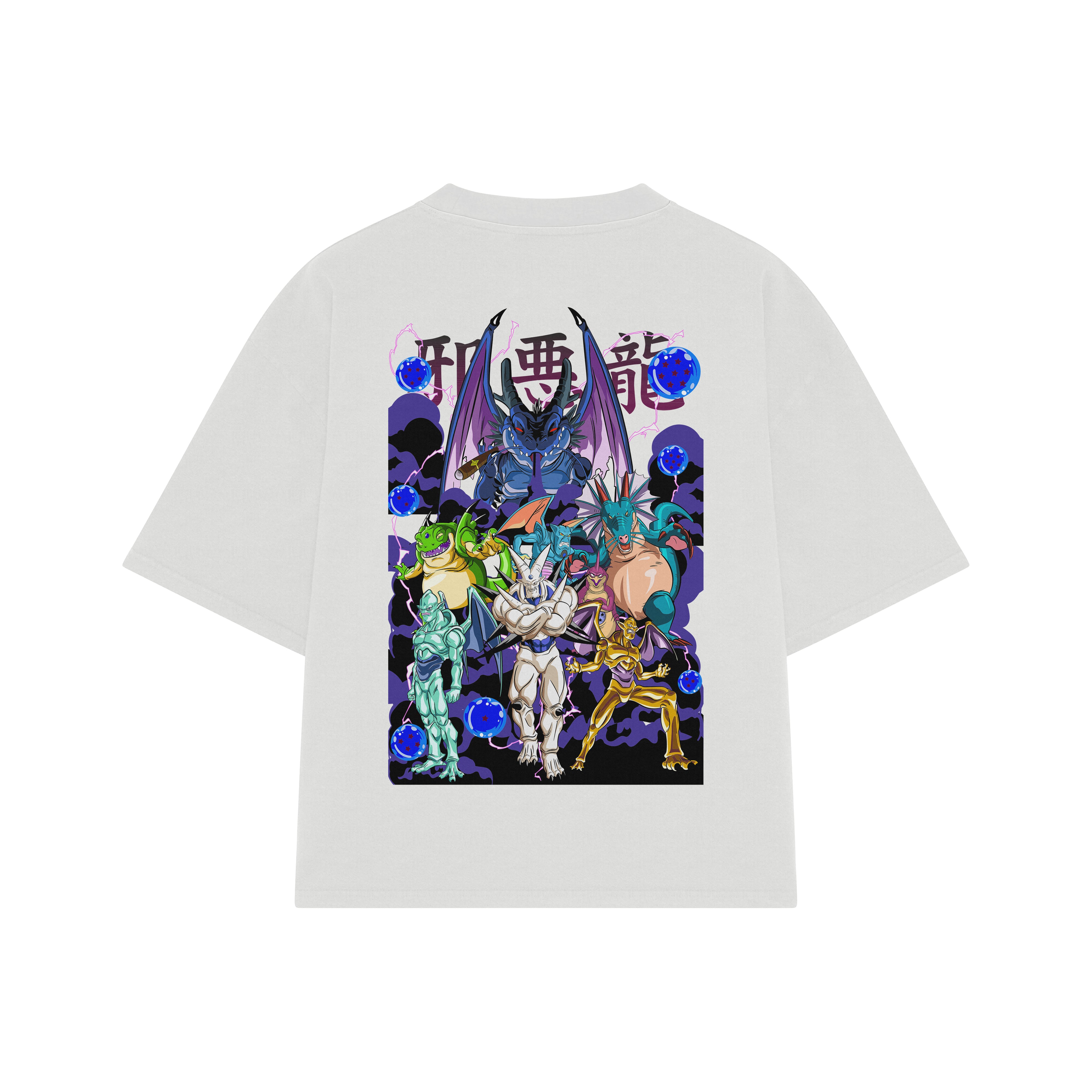 Playera streetwear premium de anime y gaming ExtraLife MX, corte boxy oversized drop shoulder heavyweight en color Deep Black y Off-White, moda urbana mexicana de culto.