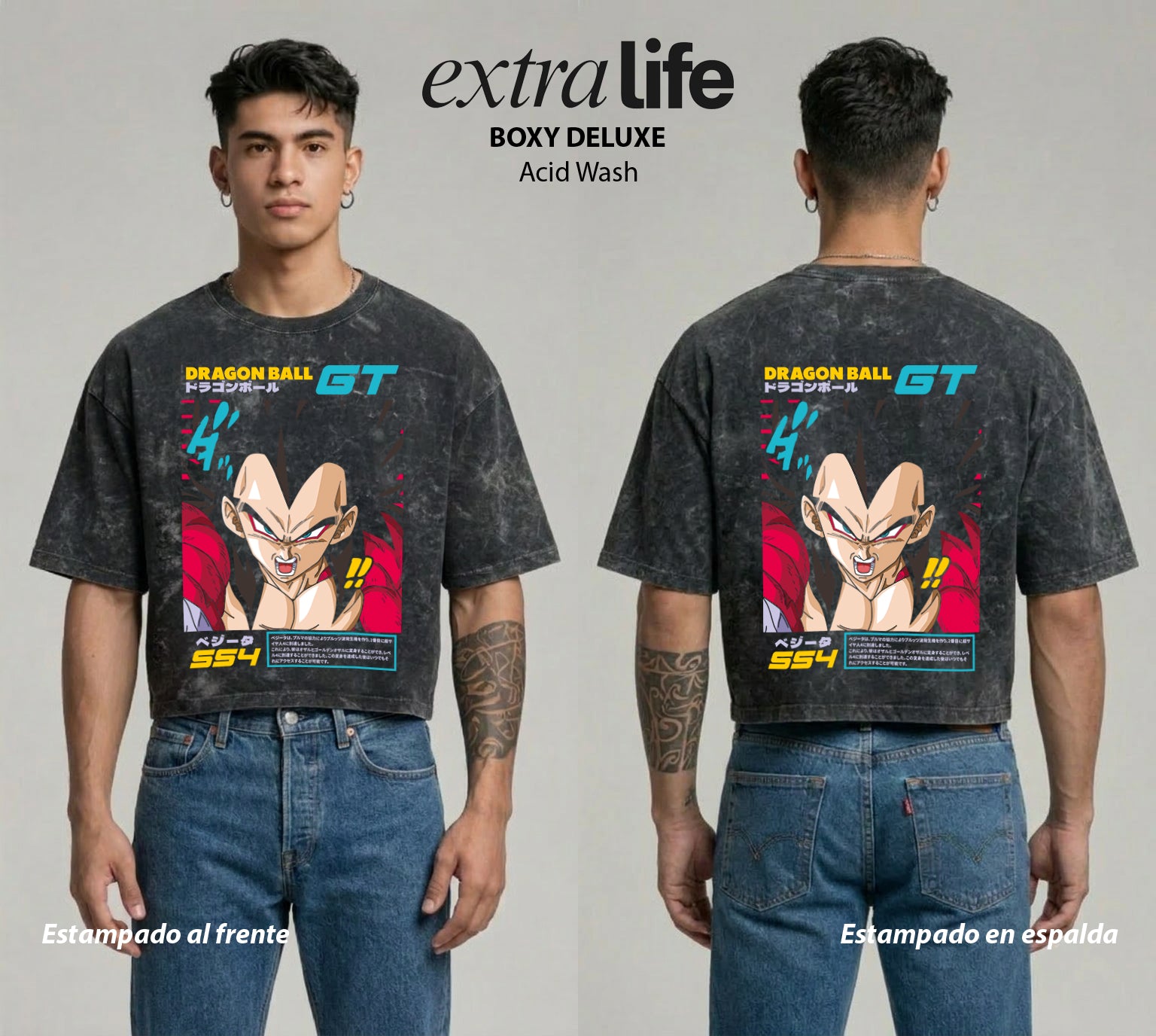 Playera streetwear premium de anime y gaming ExtraLife MX, corte boxy deluxe mineral wash heavyweight en color Acid Wash, moda urbana mexicana de culto.