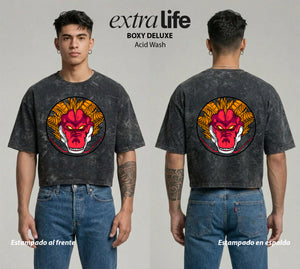 Playera streetwear premium de anime y gaming ExtraLife MX, corte boxy deluxe mineral wash heavyweight en color Acid Wash, moda urbana mexicana de culto.