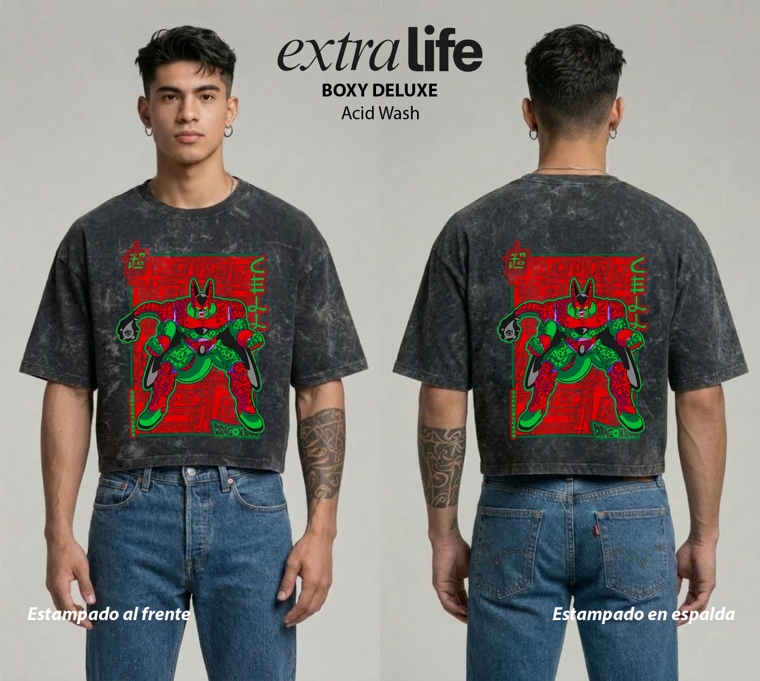 Playera streetwear premium de anime y gaming ExtraLife MX, corte boxy deluxe mineral wash heavyweight en color Acid Wash, moda urbana mexicana de culto.
