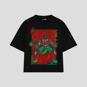 Playera streetwear premium de anime y gaming ExtraLife MX, corte boxy oversized drop shoulder heavyweight en color Deep Black y Off-White, moda urbana mexicana de culto.