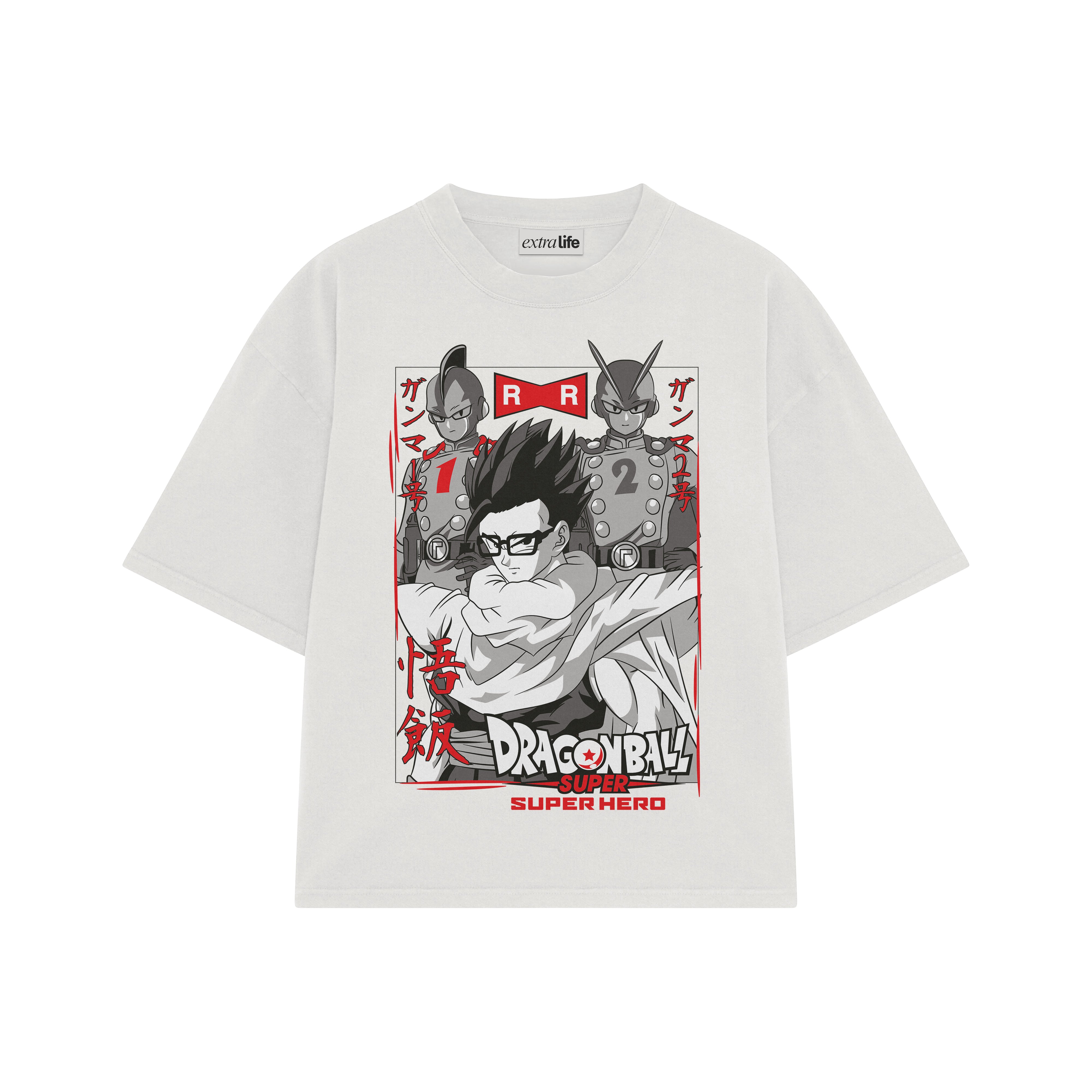 Playera streetwear premium de anime y gaming ExtraLife MX, corte boxy oversized drop shoulder heavyweight en color Deep Black y Off-White, moda urbana mexicana de culto.