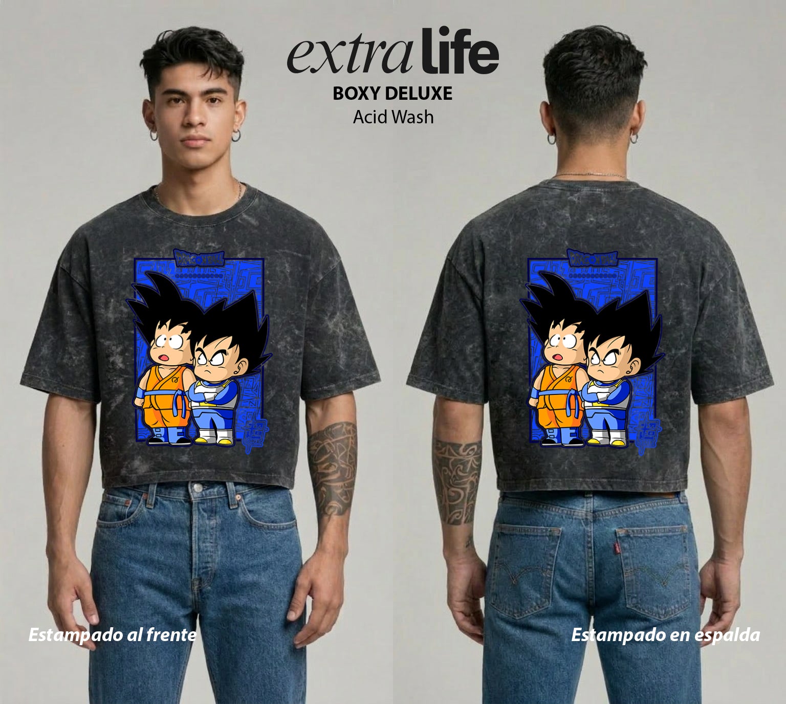 Playera streetwear premium de anime y gaming ExtraLife MX, corte boxy deluxe mineral wash heavyweight en color Acid Wash, moda urbana mexicana de culto.