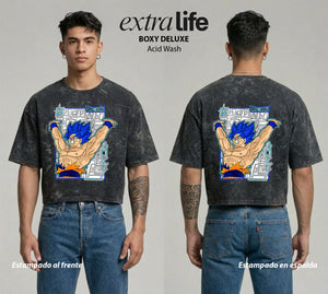 Playera streetwear premium de anime y gaming ExtraLife MX, corte boxy deluxe mineral wash heavyweight en color Acid Wash, moda urbana mexicana de culto.