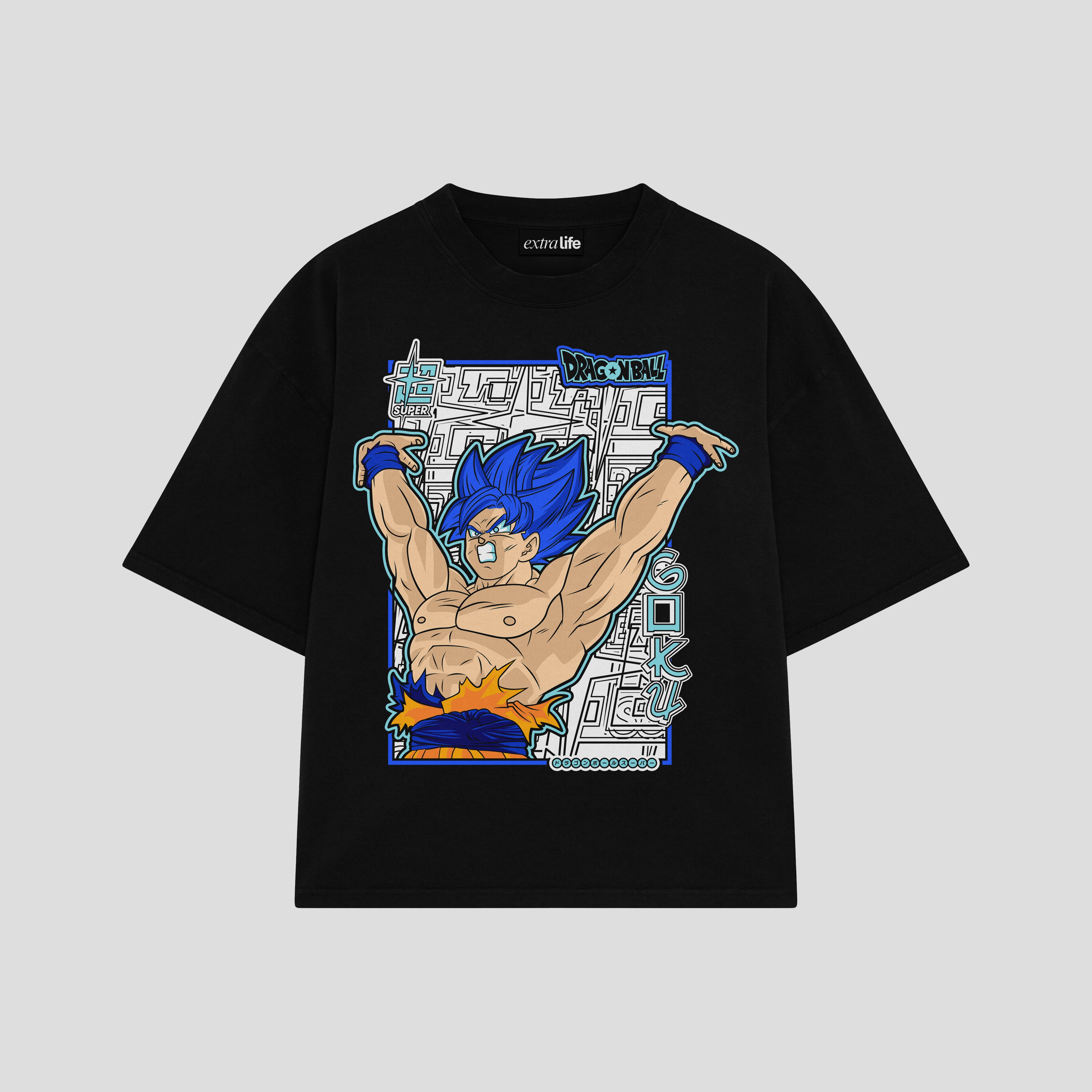 Playera streetwear premium de anime y gaming ExtraLife MX, corte boxy oversized drop shoulder heavyweight en color Deep Black y Off-White, moda urbana mexicana de culto.
