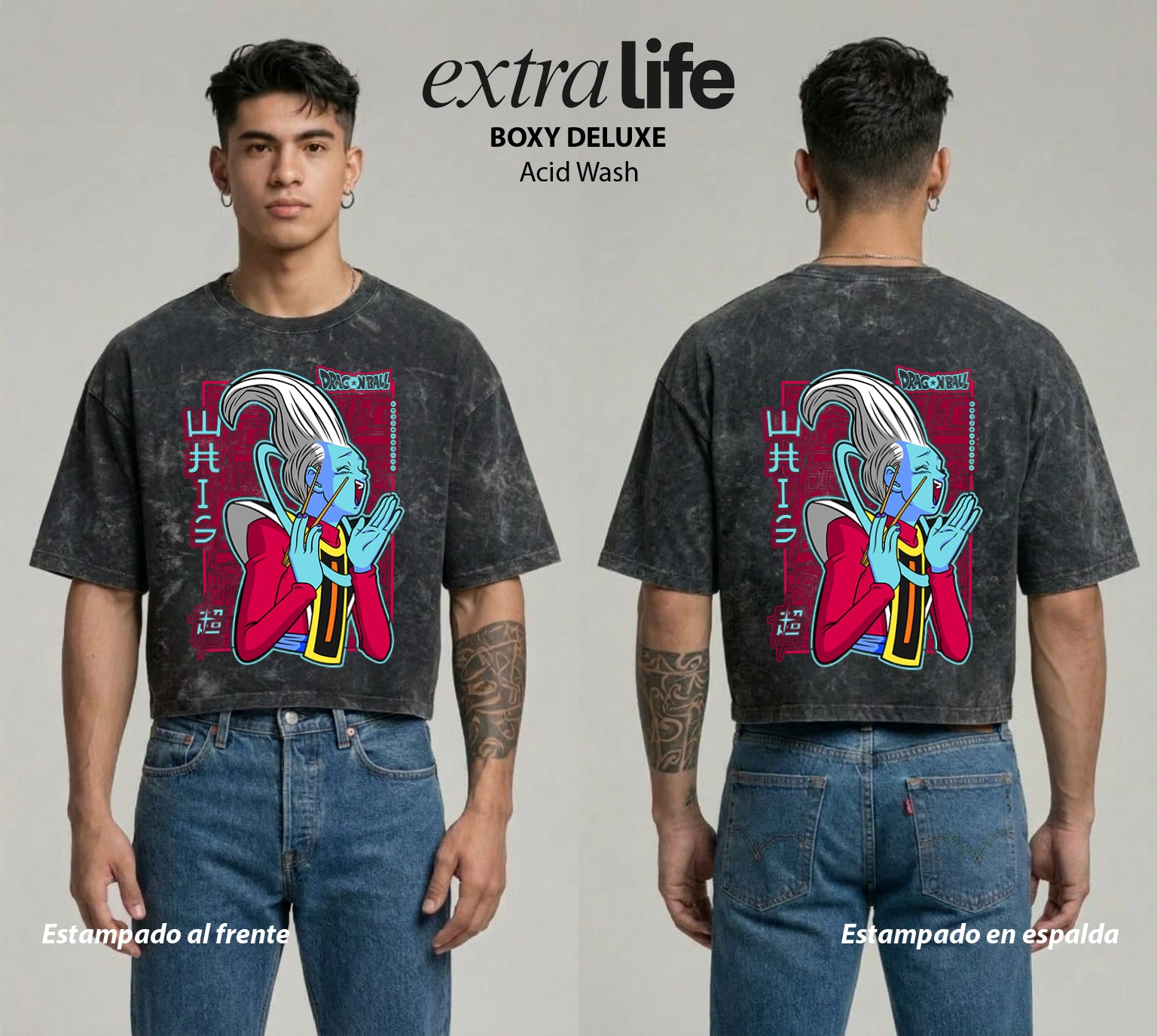 Playera streetwear premium de anime y gaming ExtraLife MX, corte boxy deluxe mineral wash heavyweight en color Acid Wash, moda urbana mexicana de culto.