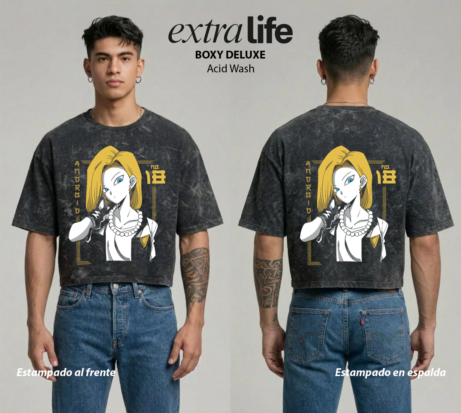 Playera streetwear premium de anime y gaming ExtraLife MX, corte boxy deluxe mineral wash heavyweight en color Acid Wash, moda urbana mexicana de culto.