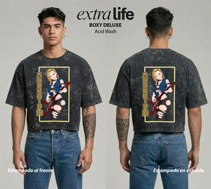Playera streetwear premium de anime y gaming ExtraLife MX, corte boxy deluxe mineral wash heavyweight en color Acid Wash, moda urbana mexicana de culto.