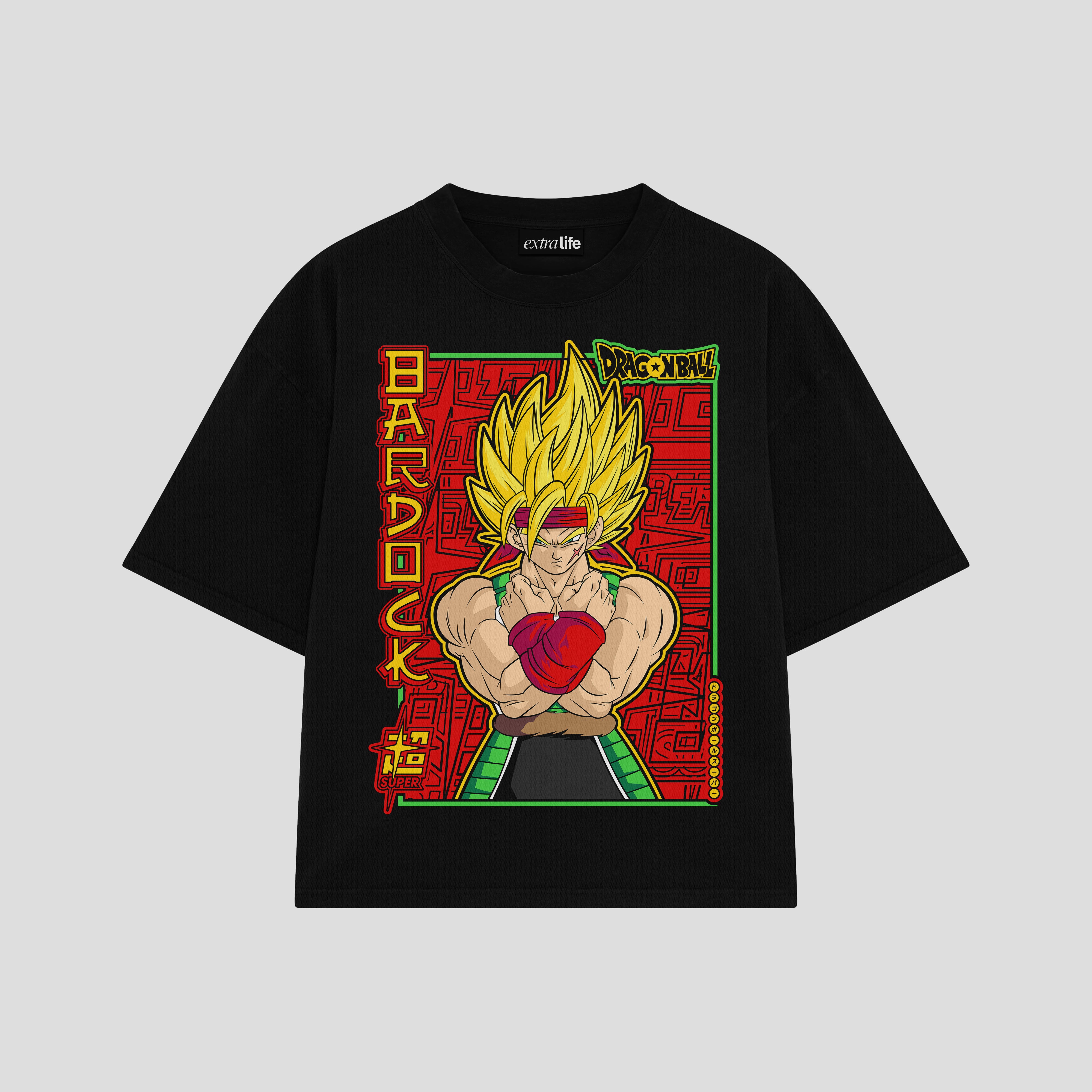Playera streetwear premium de anime y gaming ExtraLife MX, corte boxy oversized drop shoulder heavyweight en color Deep Black y Off-White, moda urbana mexicana de culto.