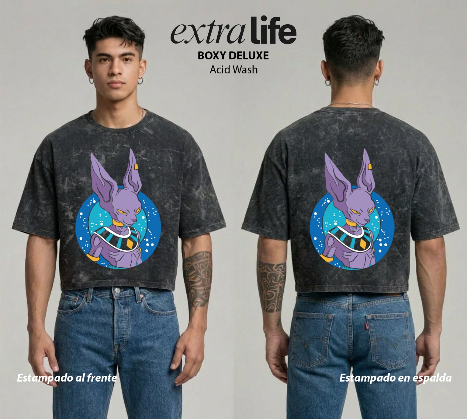 Playera streetwear premium de anime y gaming ExtraLife MX, corte boxy deluxe mineral wash heavyweight en color Acid Wash, moda urbana mexicana de culto.