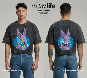 Playera streetwear premium de anime y gaming ExtraLife MX, corte boxy deluxe mineral wash heavyweight en color Acid Wash, moda urbana mexicana de culto.
