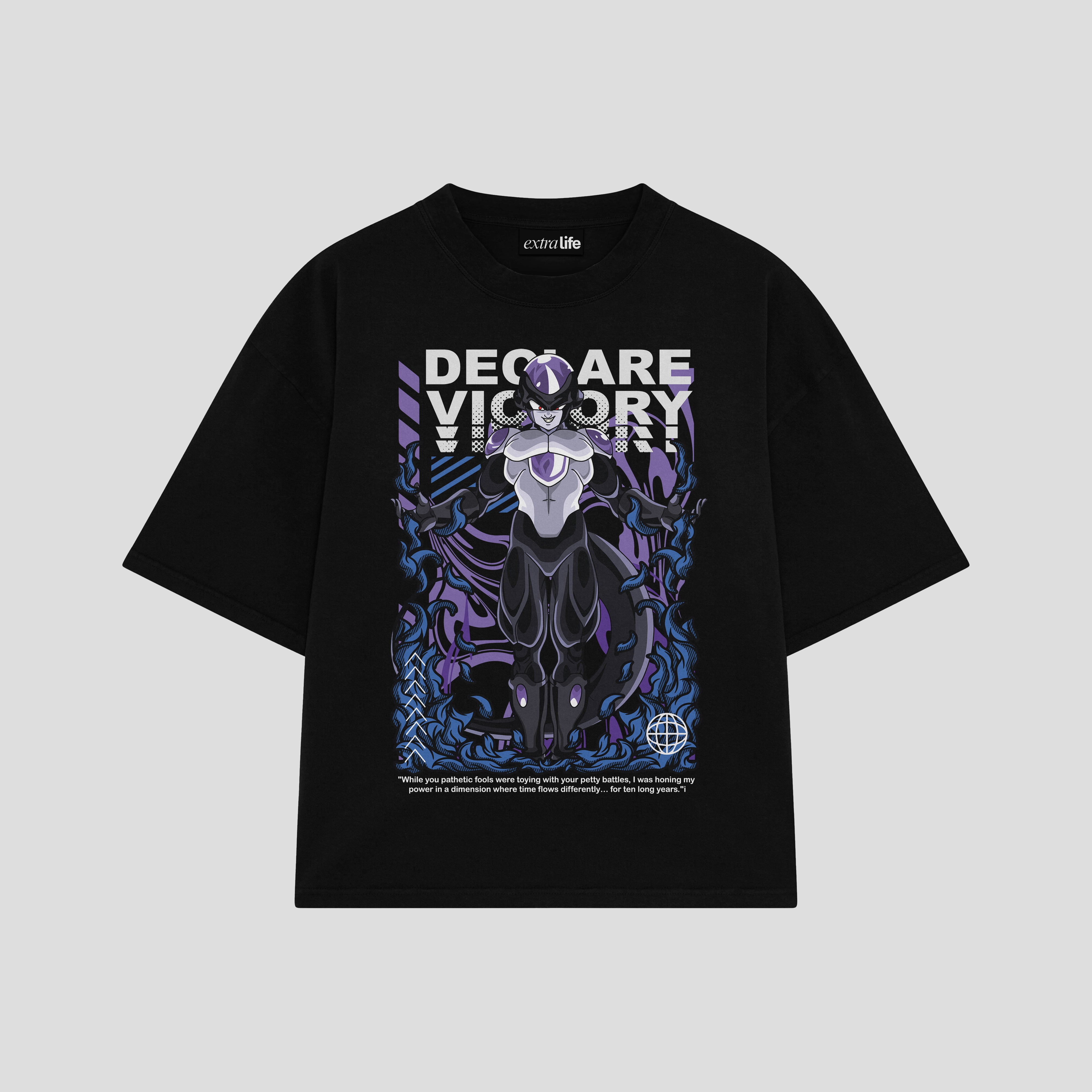 Playera streetwear premium de anime y gaming ExtraLife MX, corte boxy oversized drop shoulder heavyweight en color Deep Black y Off-White, moda urbana mexicana de culto.