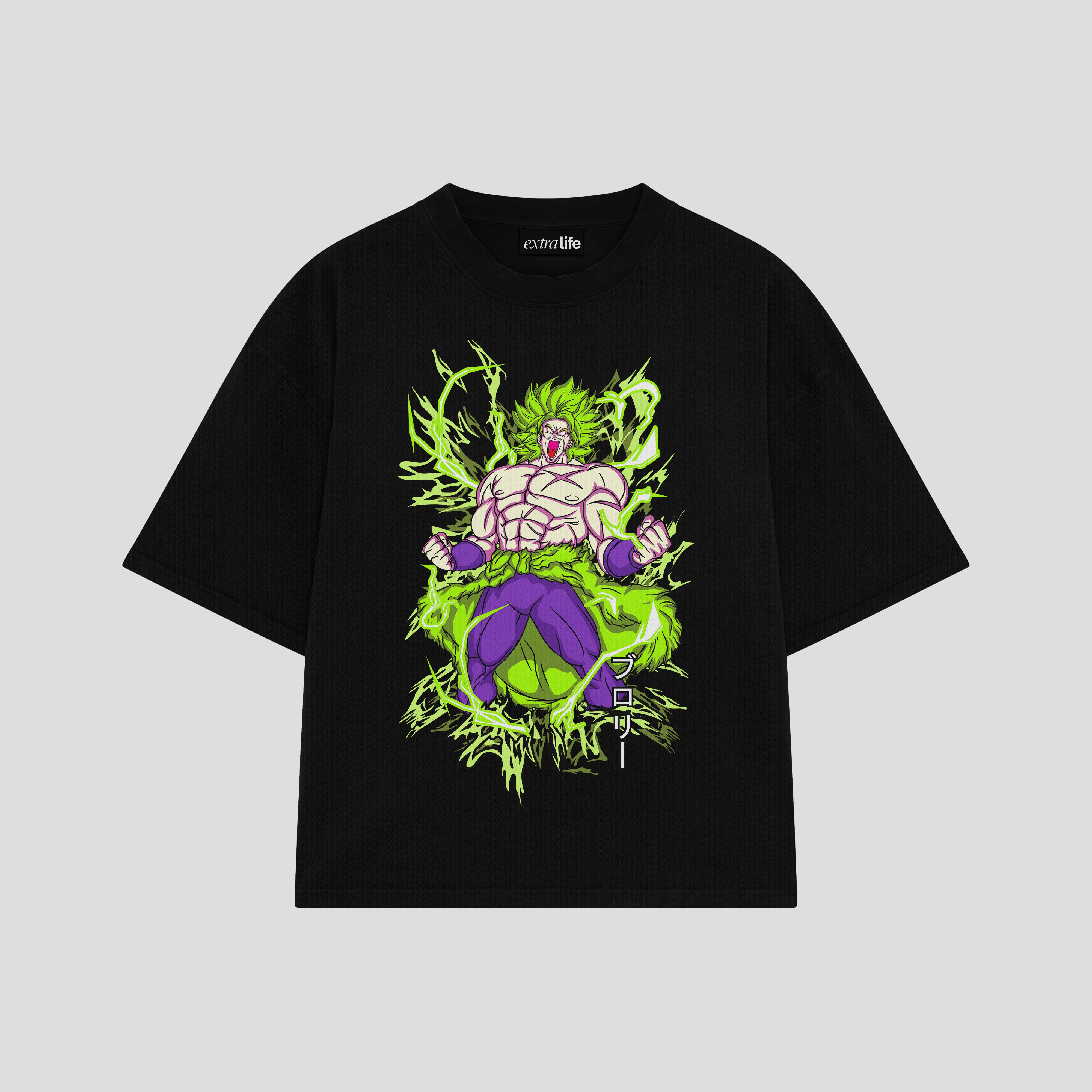 Playera streetwear premium de anime y gaming ExtraLife MX, corte boxy oversized drop shoulder heavyweight en color Deep Black y Off-White, moda urbana mexicana de culto.