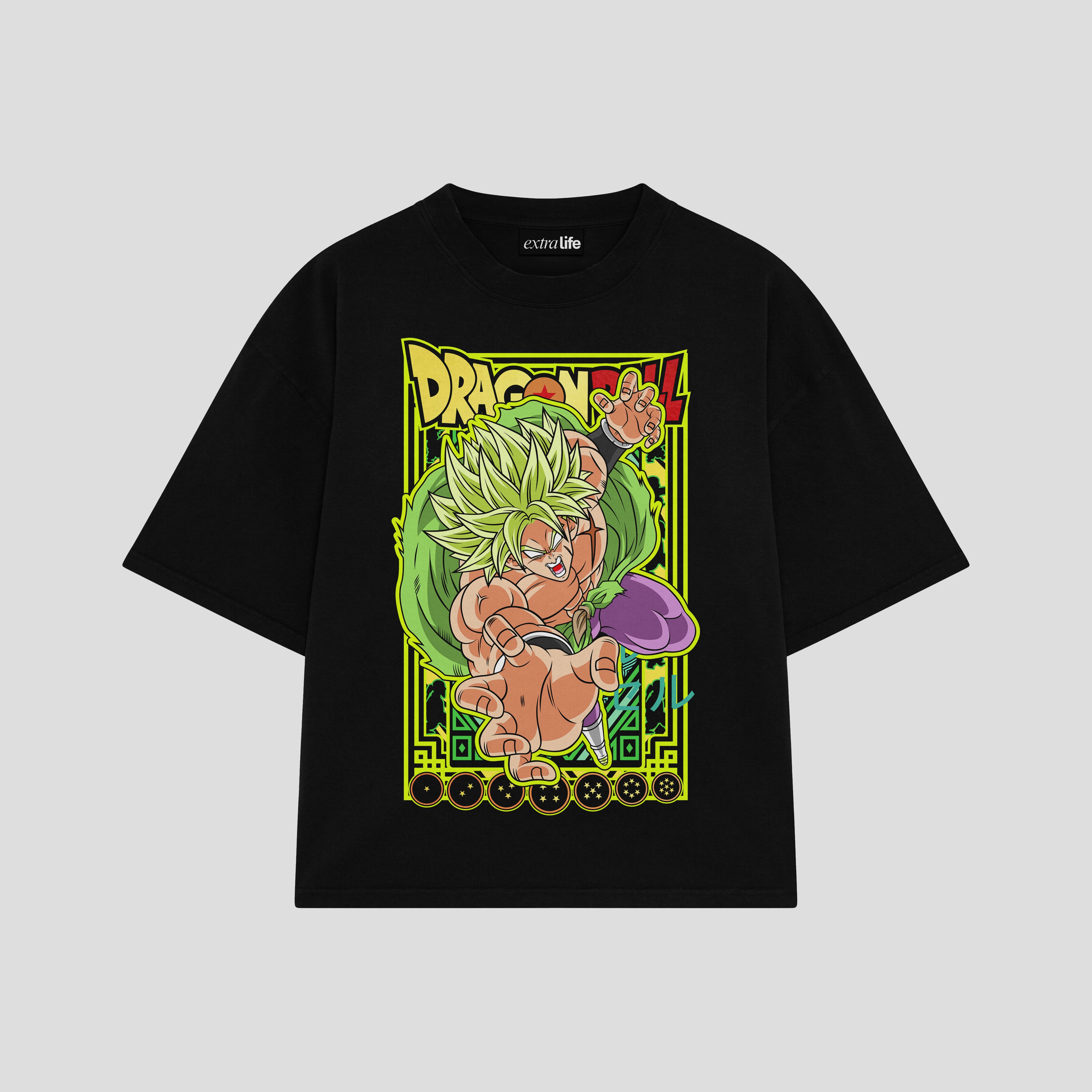 Playera streetwear premium de anime y gaming ExtraLife MX, corte boxy oversized drop shoulder heavyweight en color Deep Black y Off-White, moda urbana mexicana de culto.
