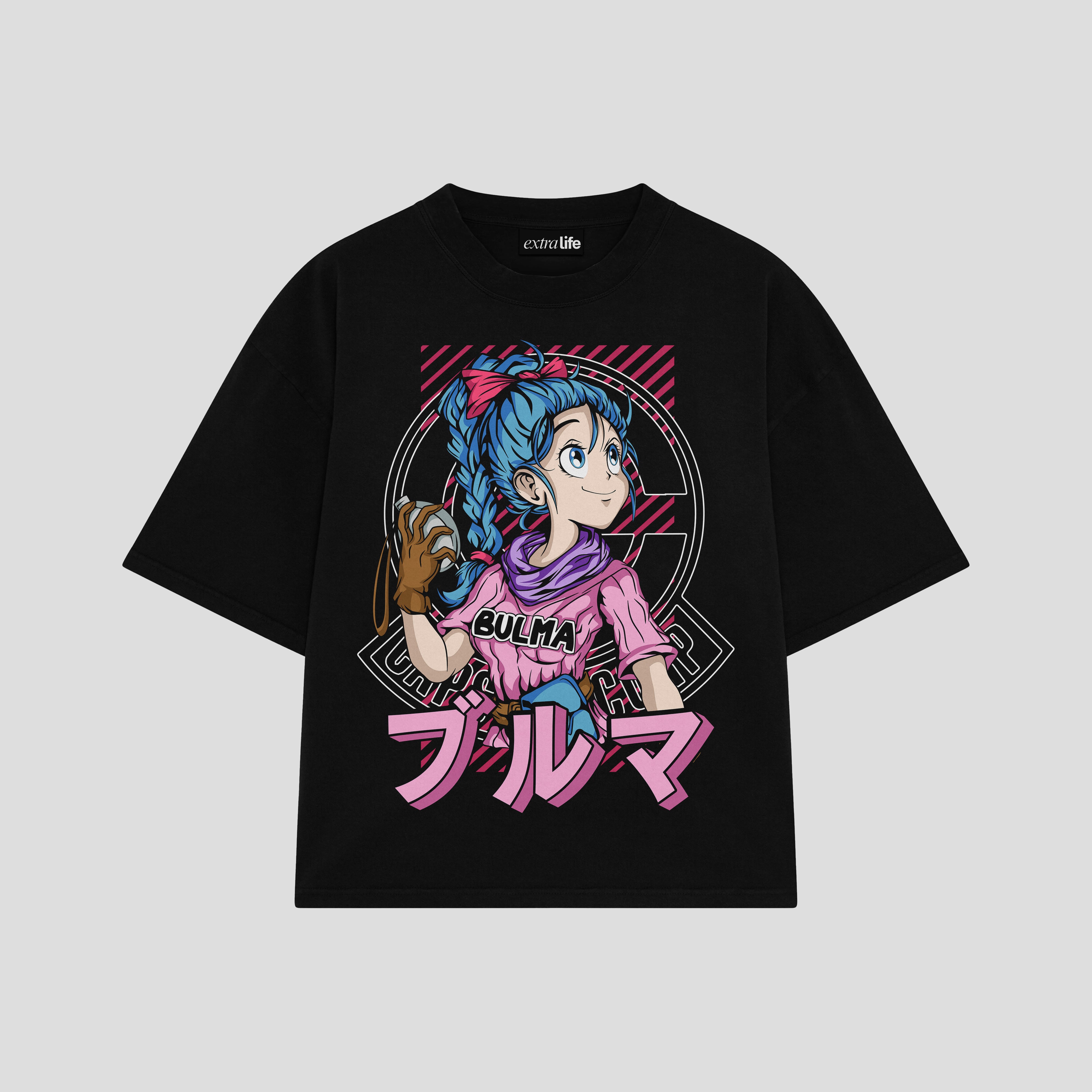Playera streetwear premium de anime y gaming ExtraLife MX, corte boxy oversized drop shoulder heavyweight en color Deep Black y Off-White, moda urbana mexicana de culto.