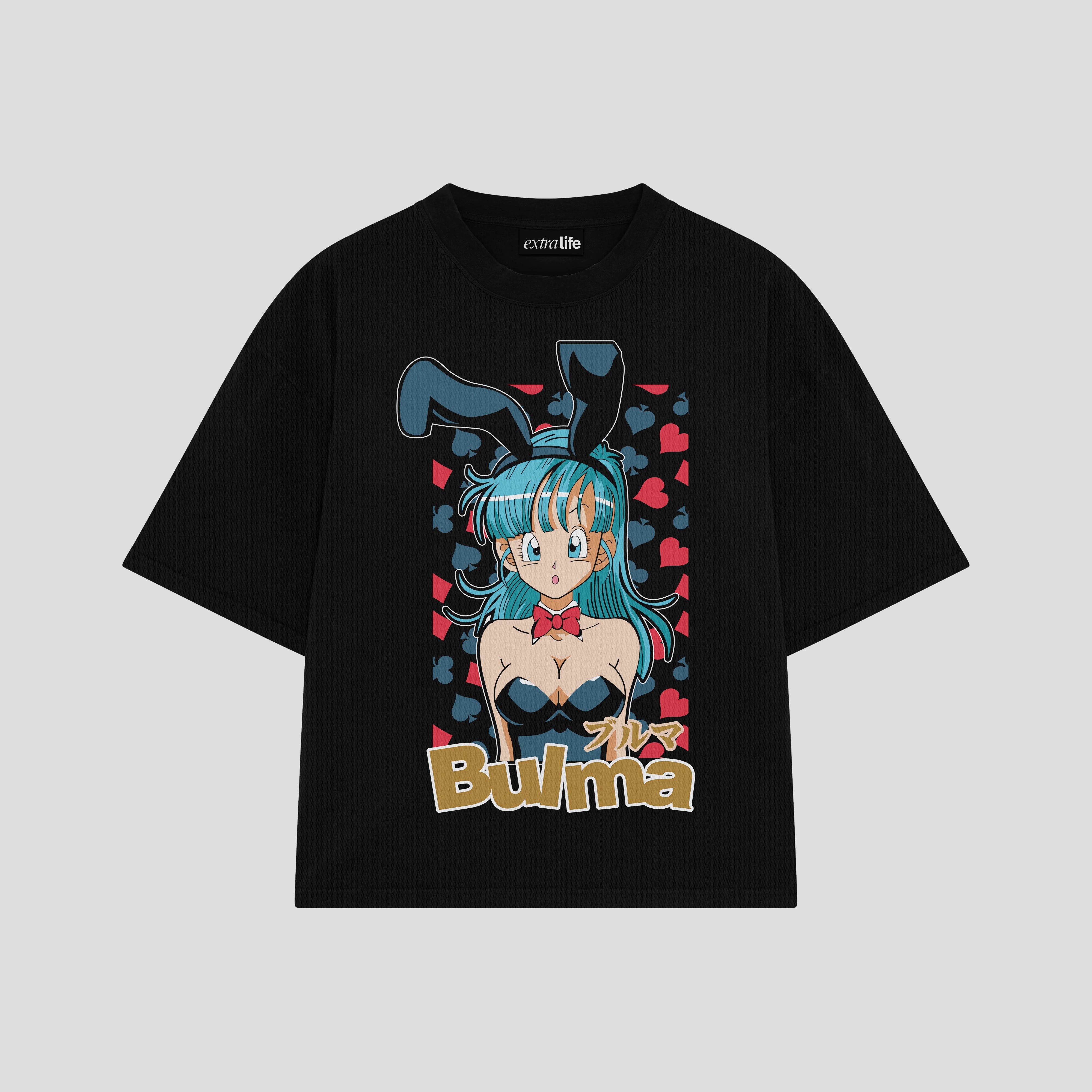 Playera streetwear premium de anime y gaming ExtraLife MX, corte boxy oversized drop shoulder heavyweight en color Deep Black y Off-White, moda urbana mexicana de culto.
