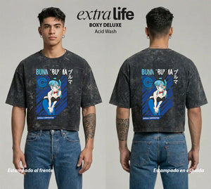 Playera streetwear premium de anime y gaming ExtraLife MX, corte boxy deluxe mineral wash heavyweight en color Acid Wash, moda urbana mexicana de culto.