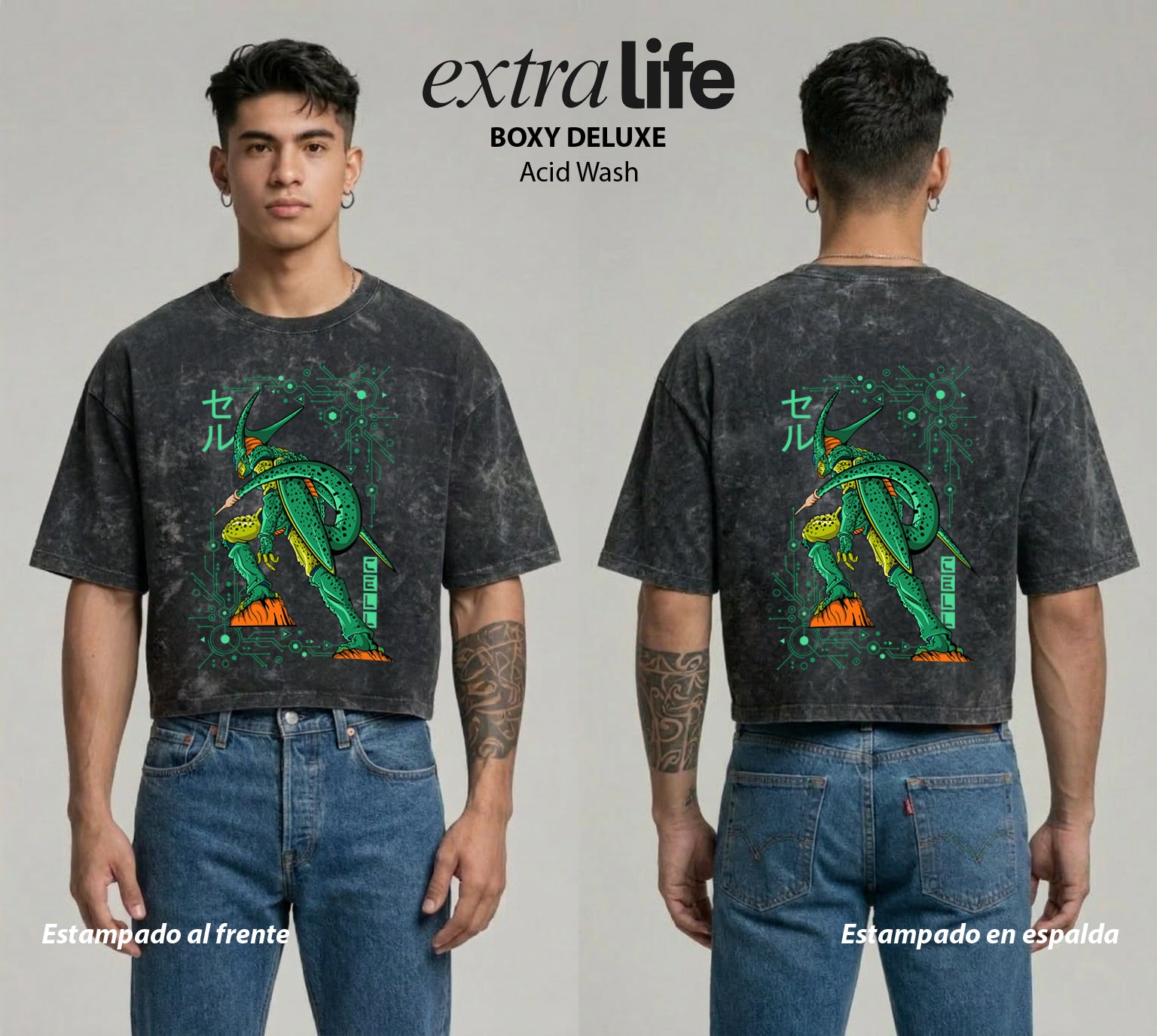 Playera streetwear premium de anime y gaming ExtraLife MX, corte boxy deluxe mineral wash heavyweight en color Acid Wash, moda urbana mexicana de culto.