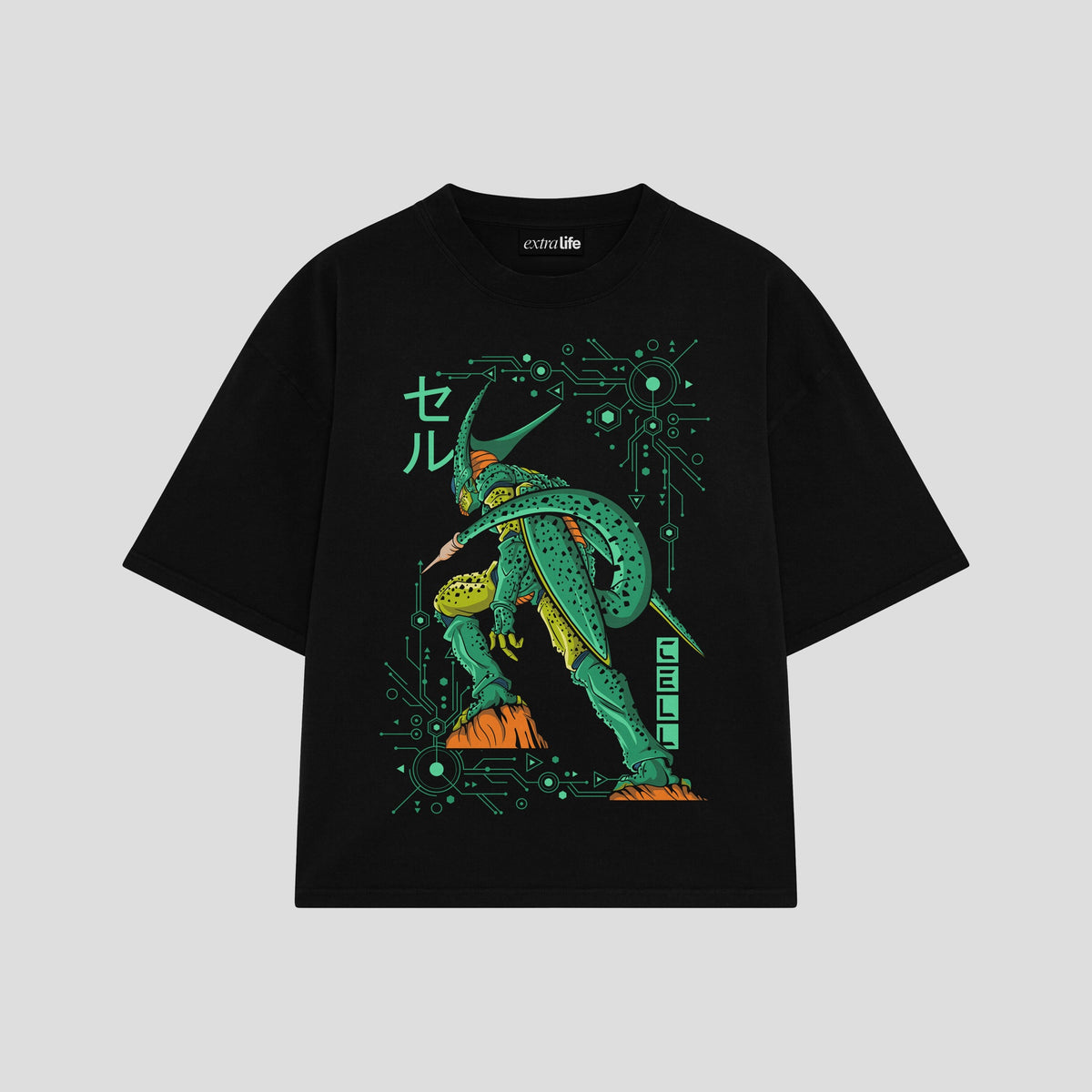 Playera streetwear premium de anime y gaming ExtraLife MX, corte oversized drop shoulder ligero y fresco en color Deep Black y Off-White, moda urbana mexicana de culto.