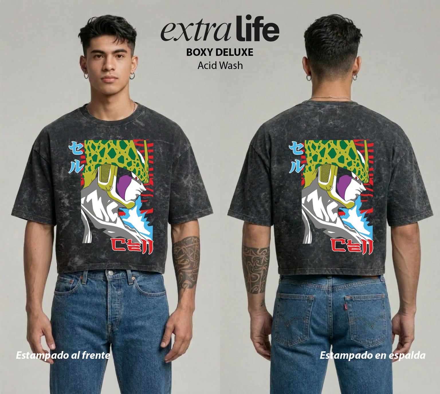 Playera streetwear premium de anime y gaming ExtraLife MX, corte boxy deluxe mineral wash heavyweight en color Acid Wash, moda urbana mexicana de culto.
