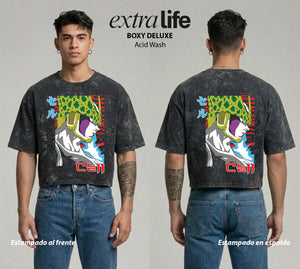 Playera streetwear premium de anime y gaming ExtraLife MX, corte boxy deluxe mineral wash heavyweight en color Acid Wash, moda urbana mexicana de culto.