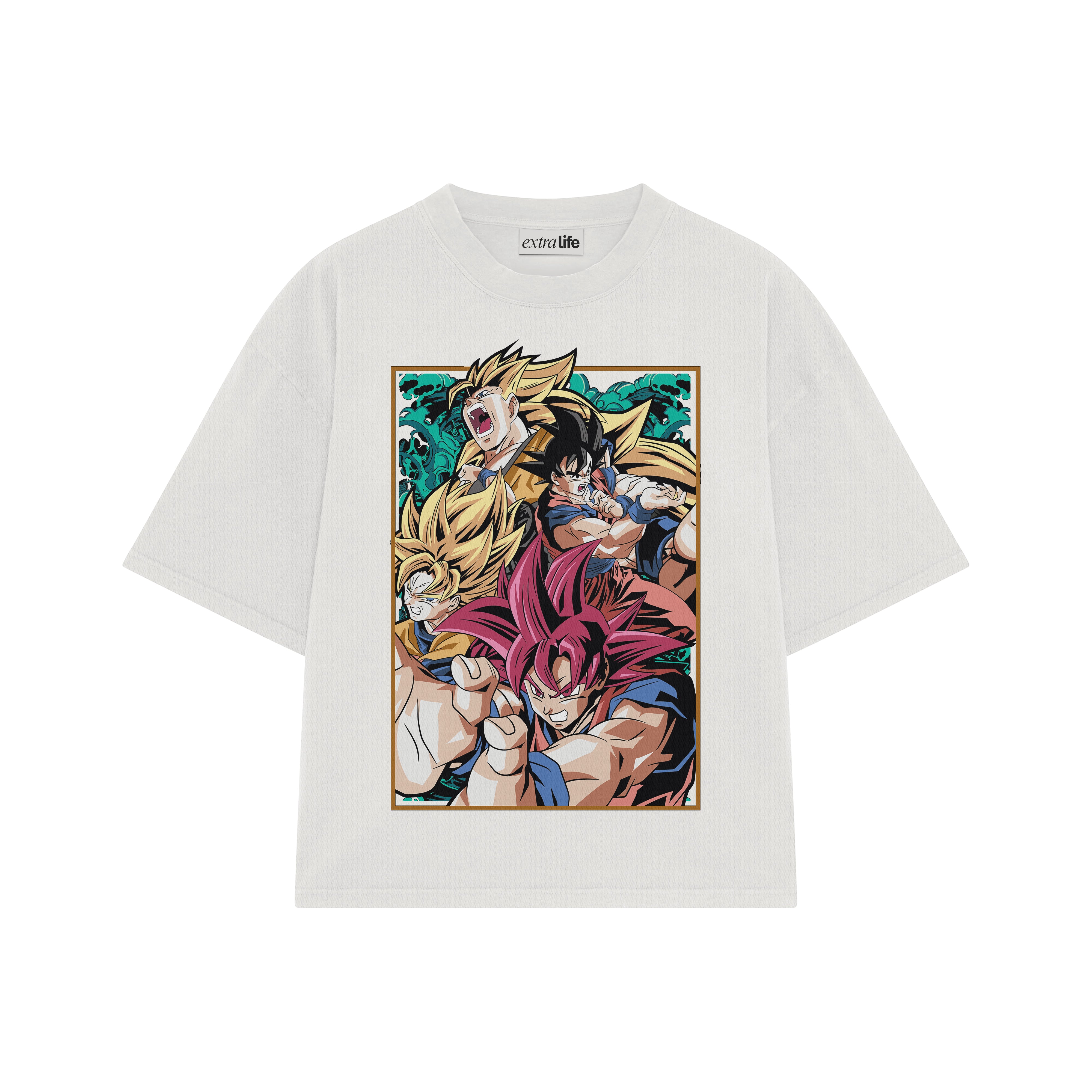 Playera streetwear premium de anime y gaming ExtraLife MX, corte boxy oversized drop shoulder heavyweight en color Deep Black y Off-White, moda urbana mexicana de culto.