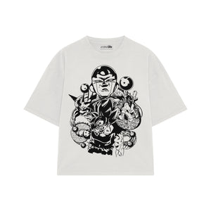 Playera streetwear premium de anime y gaming ExtraLife MX, corte boxy oversized drop shoulder heavyweight en color Deep Black y Off-White, moda urbana mexicana de culto.