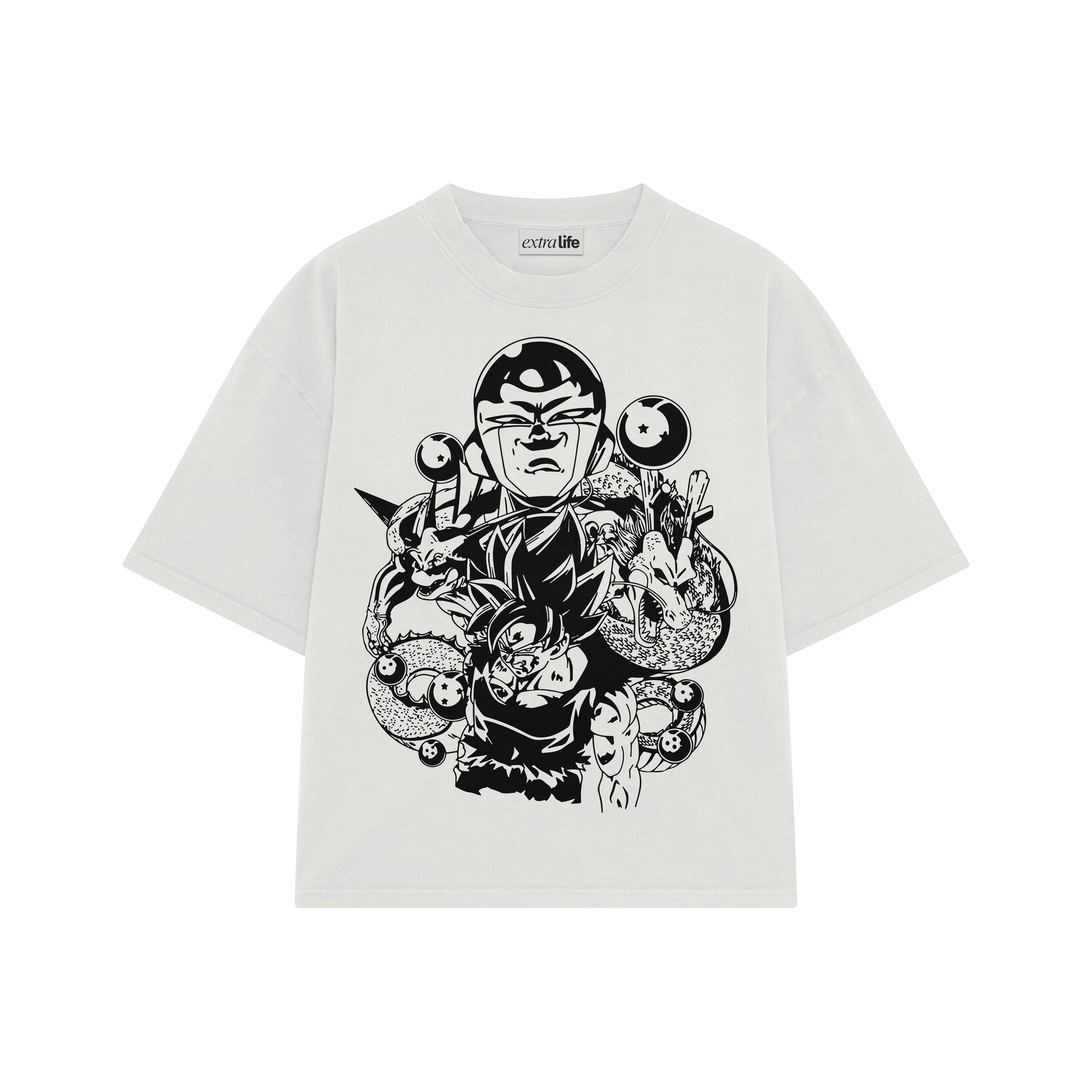 Playera streetwear premium de anime y gaming ExtraLife MX, corte boxy oversized drop shoulder heavyweight en color Deep Black y Off-White, moda urbana mexicana de culto.