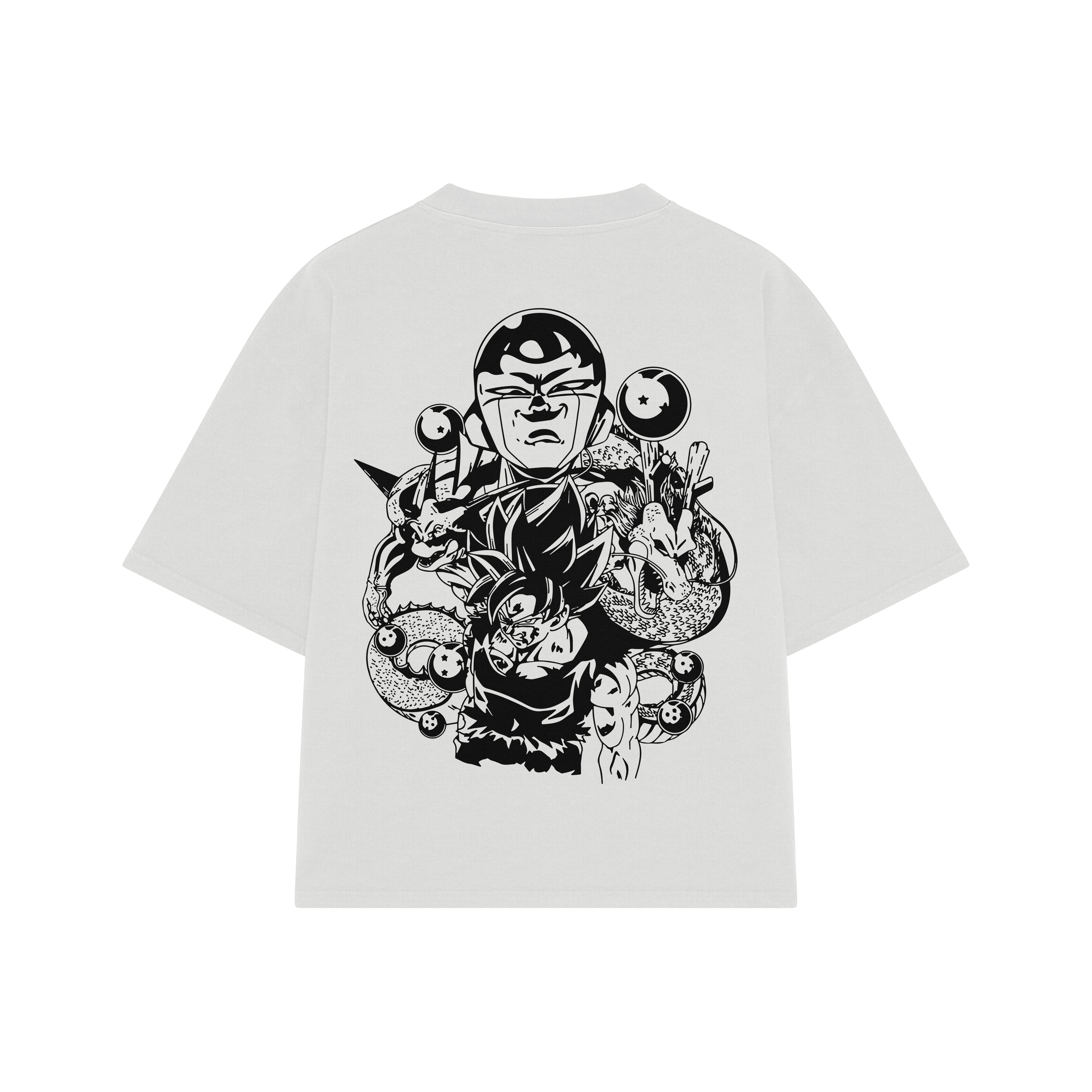 Playera streetwear premium de anime y gaming ExtraLife MX, corte boxy oversized drop shoulder heavyweight en color Deep Black y Off-White, moda urbana mexicana de culto.